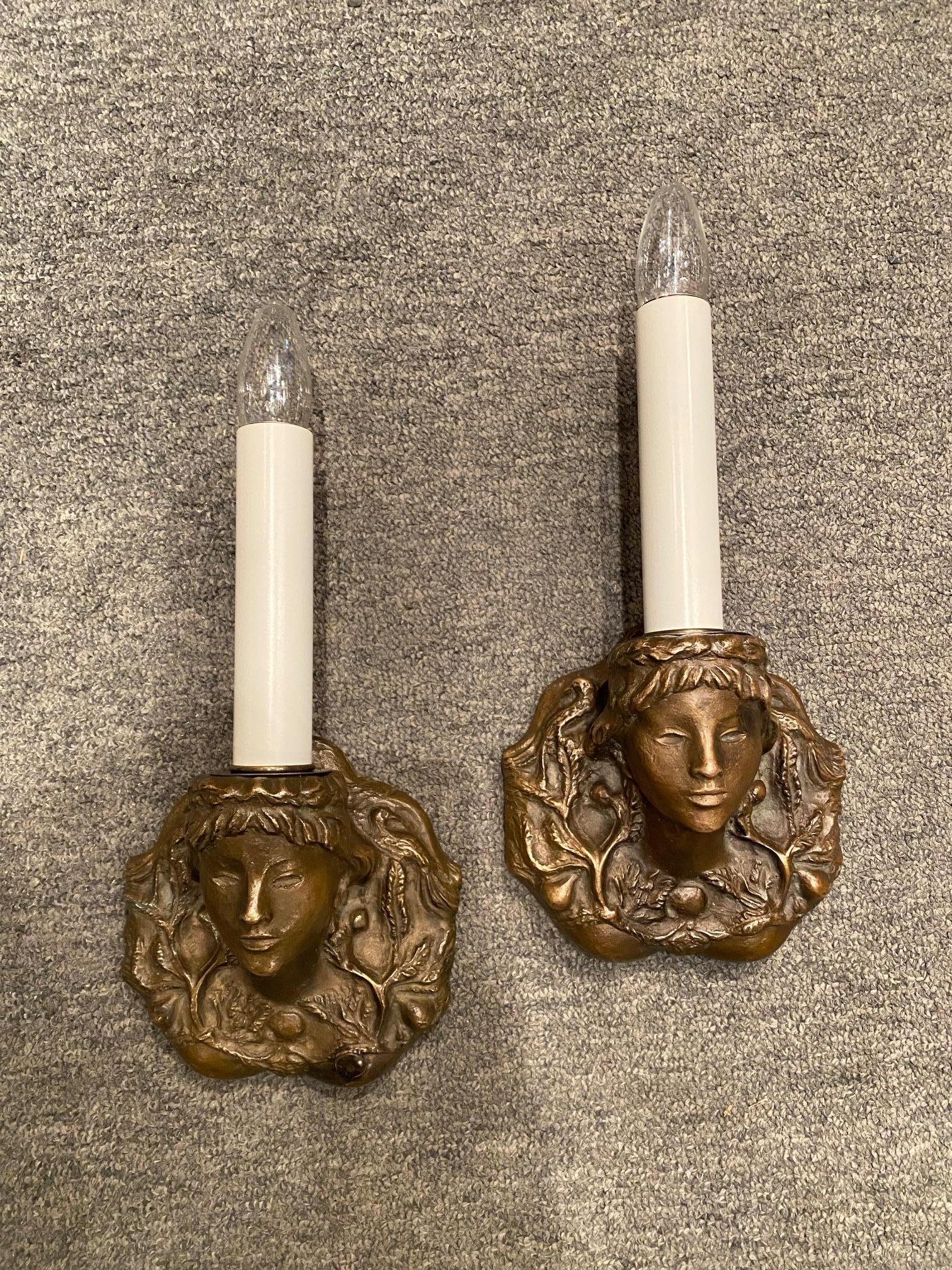 Rare Pair of Solid Bronze Sconces by Vadim Androusov Representing Female Figures 3