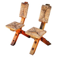 Rare Pair of Solid Brutalist Wooden and Straw Chairs, Spain, 1960s