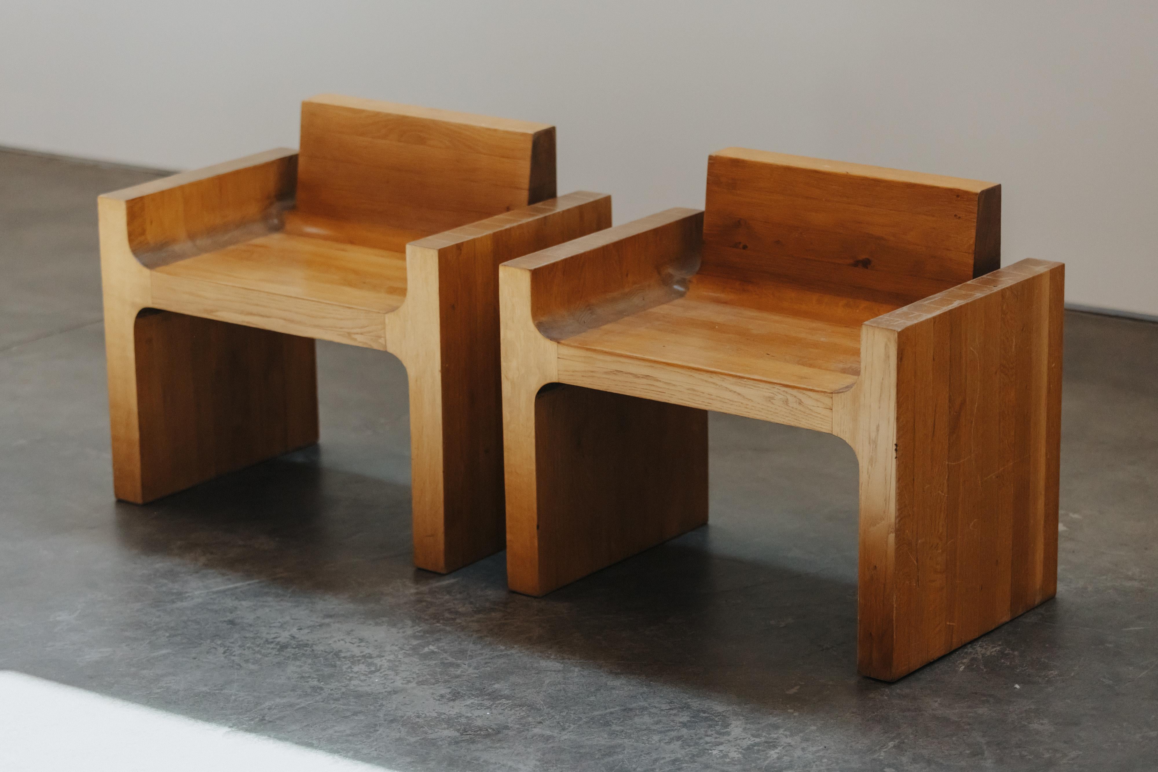 Rare Pair Of Solid Oak Side Chairs From France, Circa 1960.  Solid oak construction with very light use and wear.