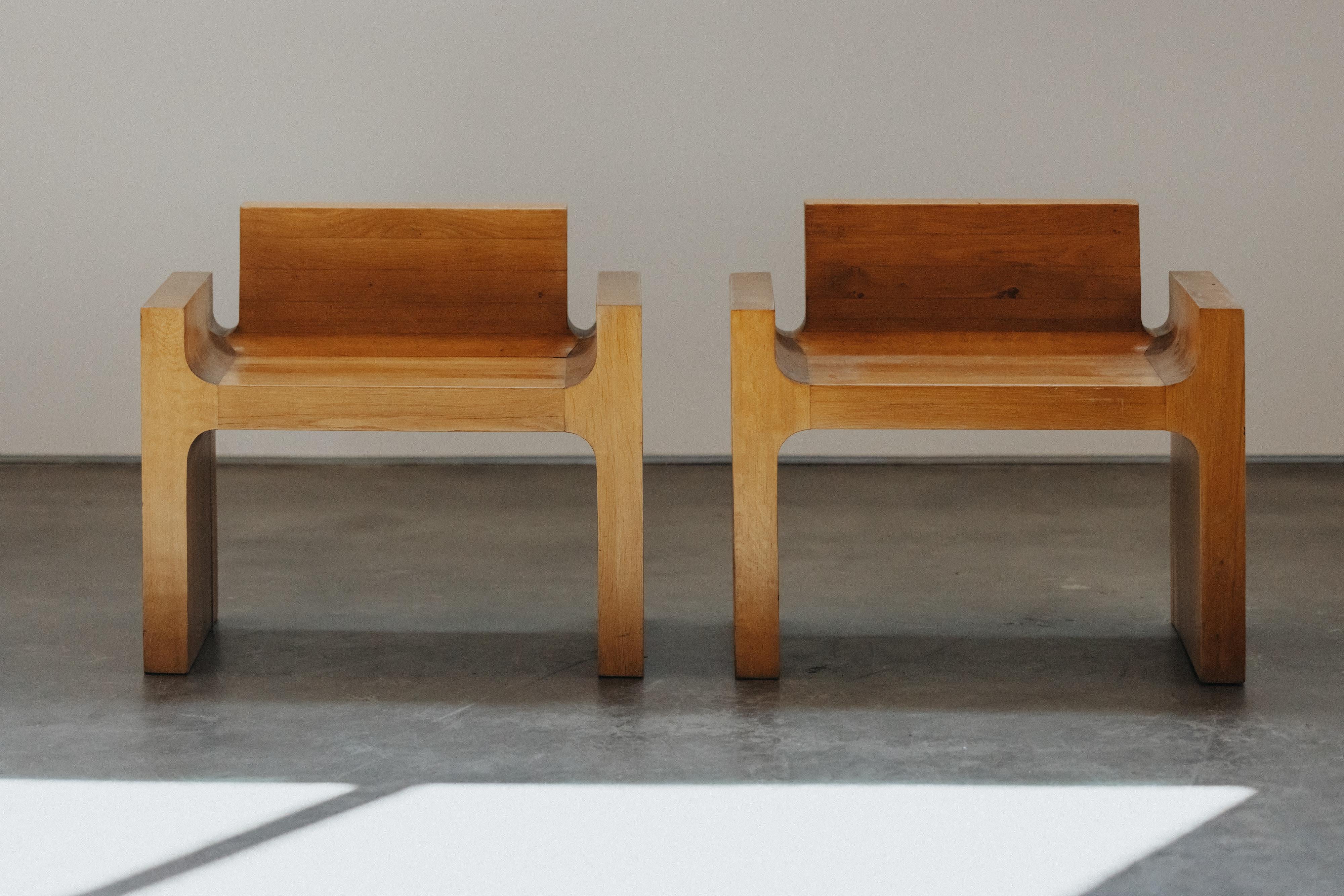 European Rare Pair Of Solid Oak Side Chairs From France, Circa 1960 For Sale
