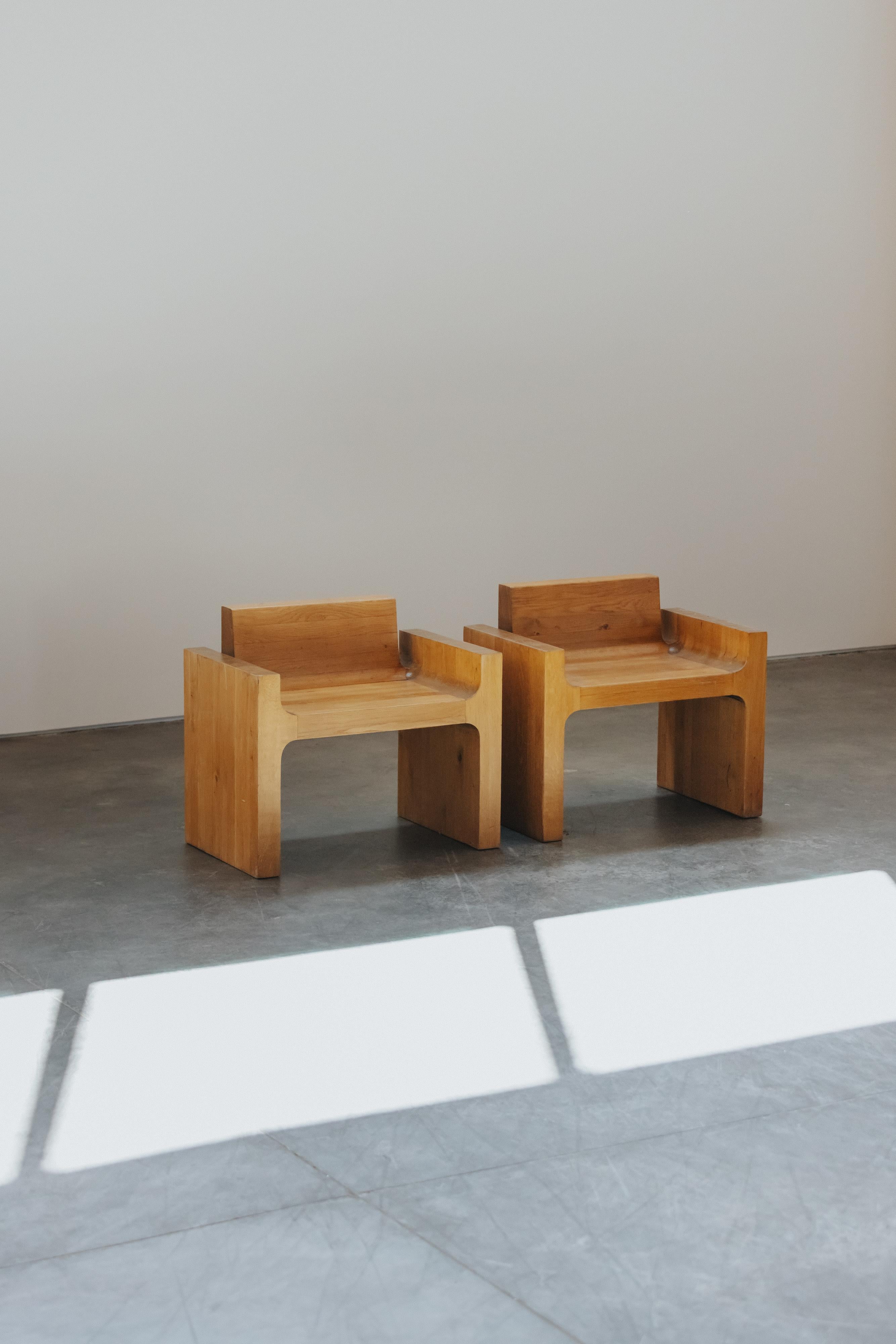 Rare Pair Of Solid Oak Side Chairs From France, Circa 1960 In Good Condition For Sale In Nashville, TN