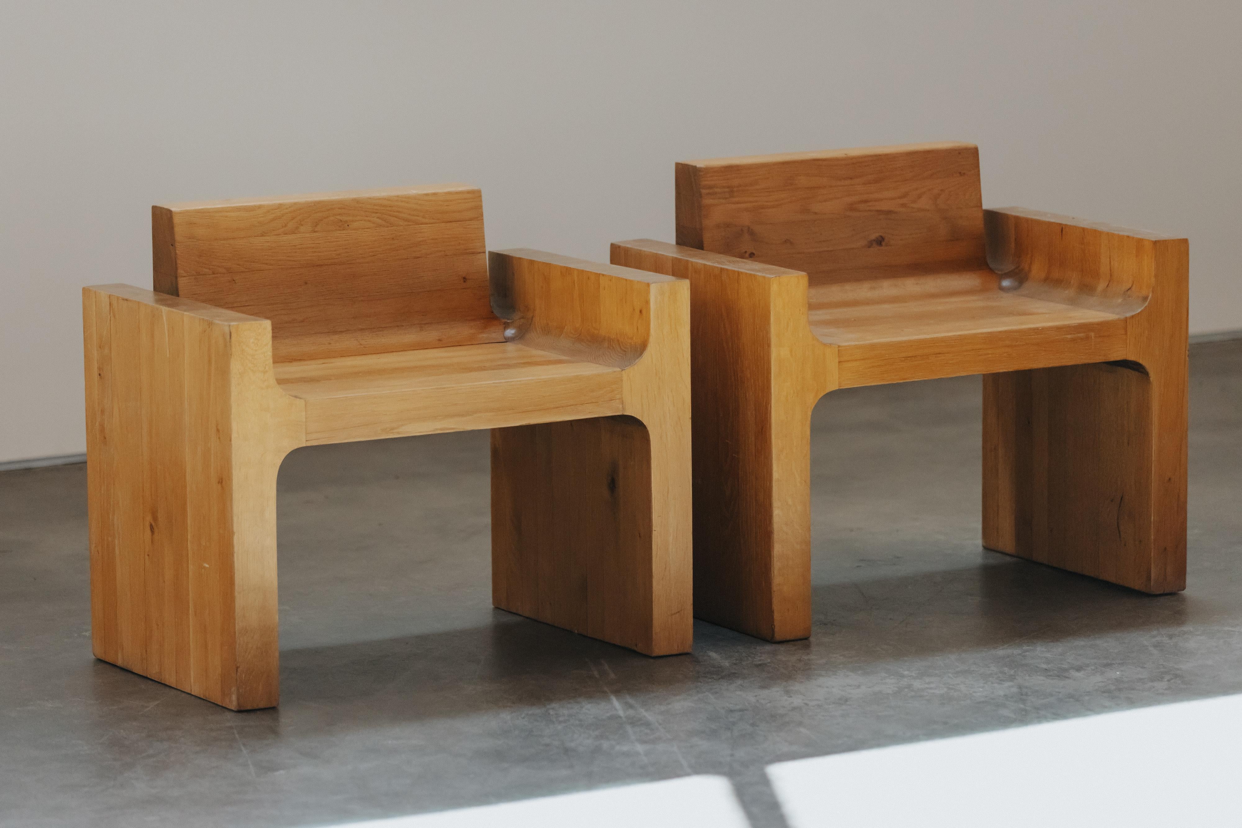 Mid-20th Century Rare Pair Of Solid Oak Side Chairs From France, Circa 1960 For Sale