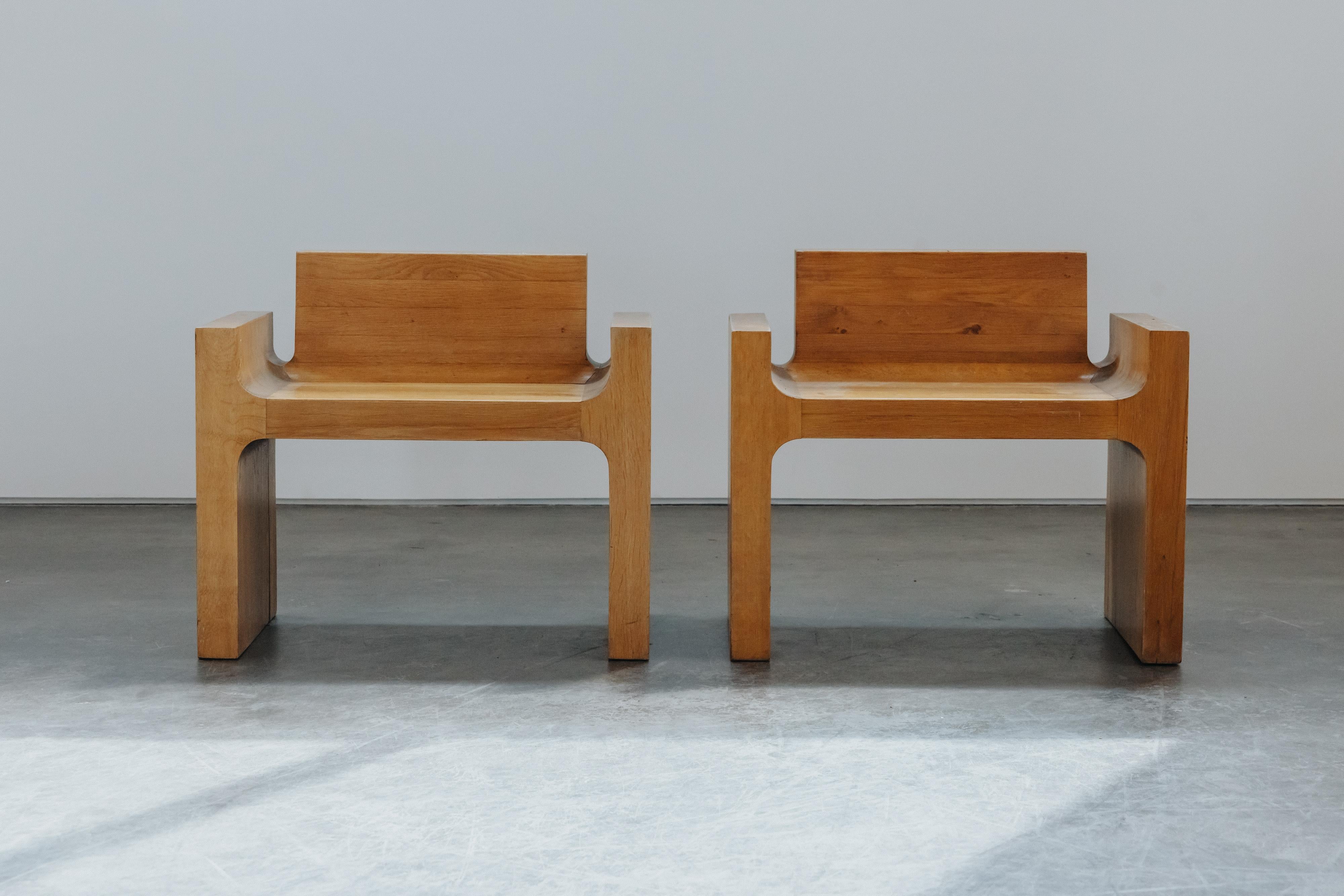Rare Pair Of Solid Oak Side Chairs From France, Circa 1960 For Sale 3