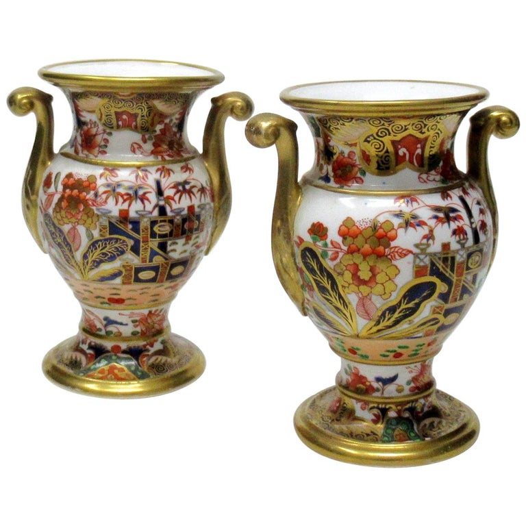 Rare Pair Of Spode Imari Pattern 967 Hand Painted Vases Cobalt