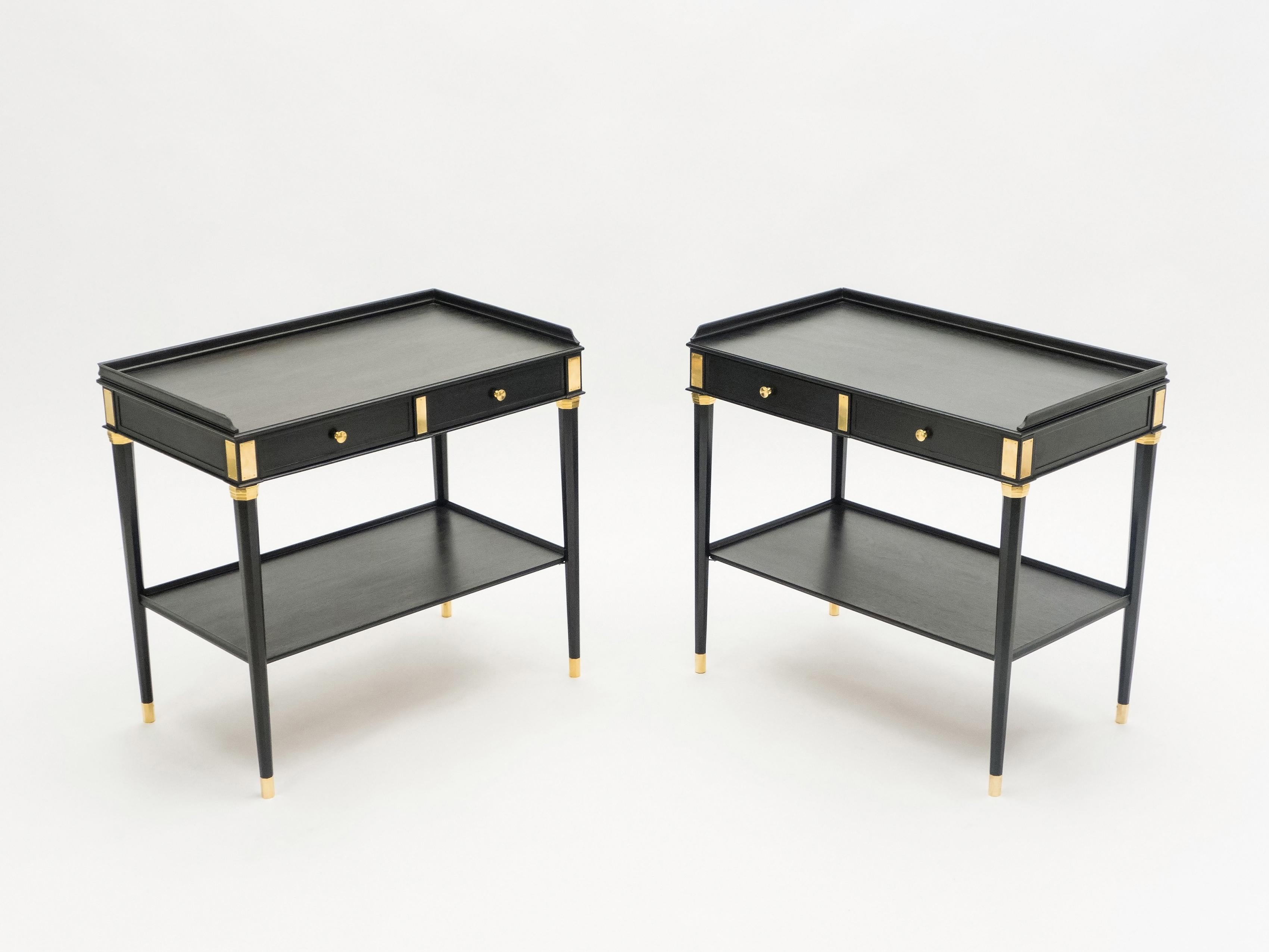 Mid-Century Modern Rare Pair of Stamped Maison Jansen Black Wood Brass End Tables, 1950s
