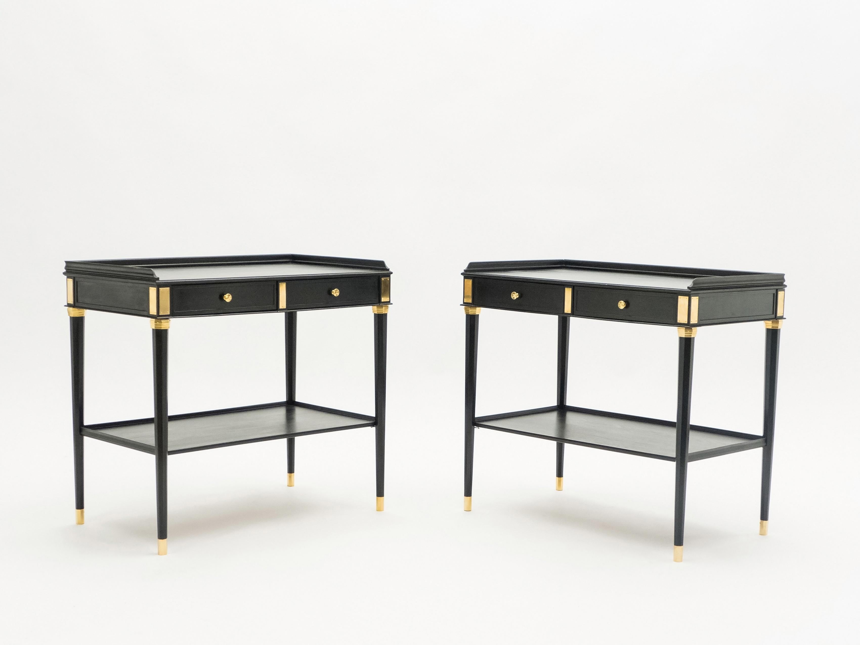 French Rare Pair of Stamped Maison Jansen Black Wood Brass End Tables, 1950s