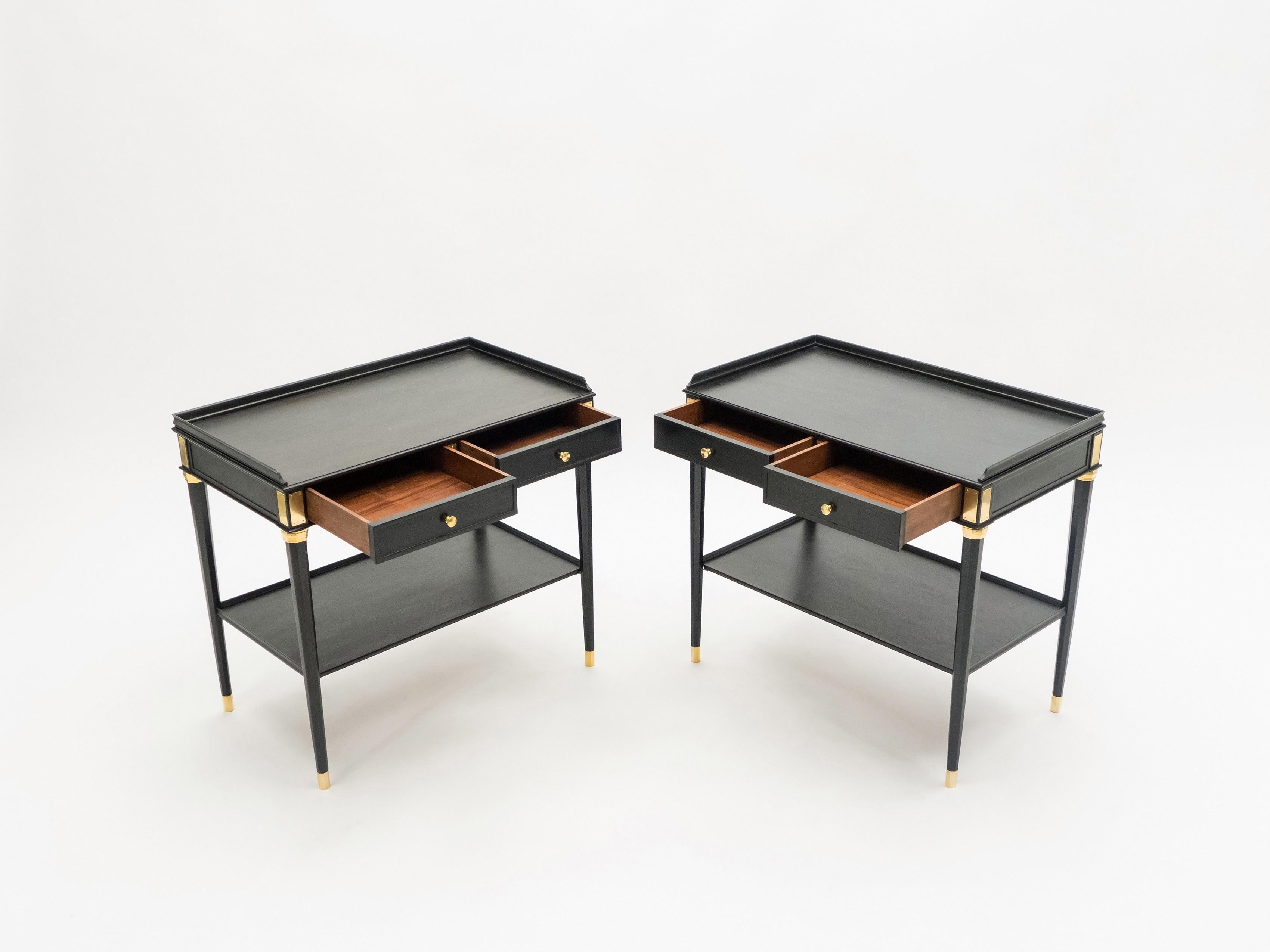 Rare Pair of Stamped Maison Jansen Black Wood Brass End Tables, 1950s In Good Condition In Paris, IDF