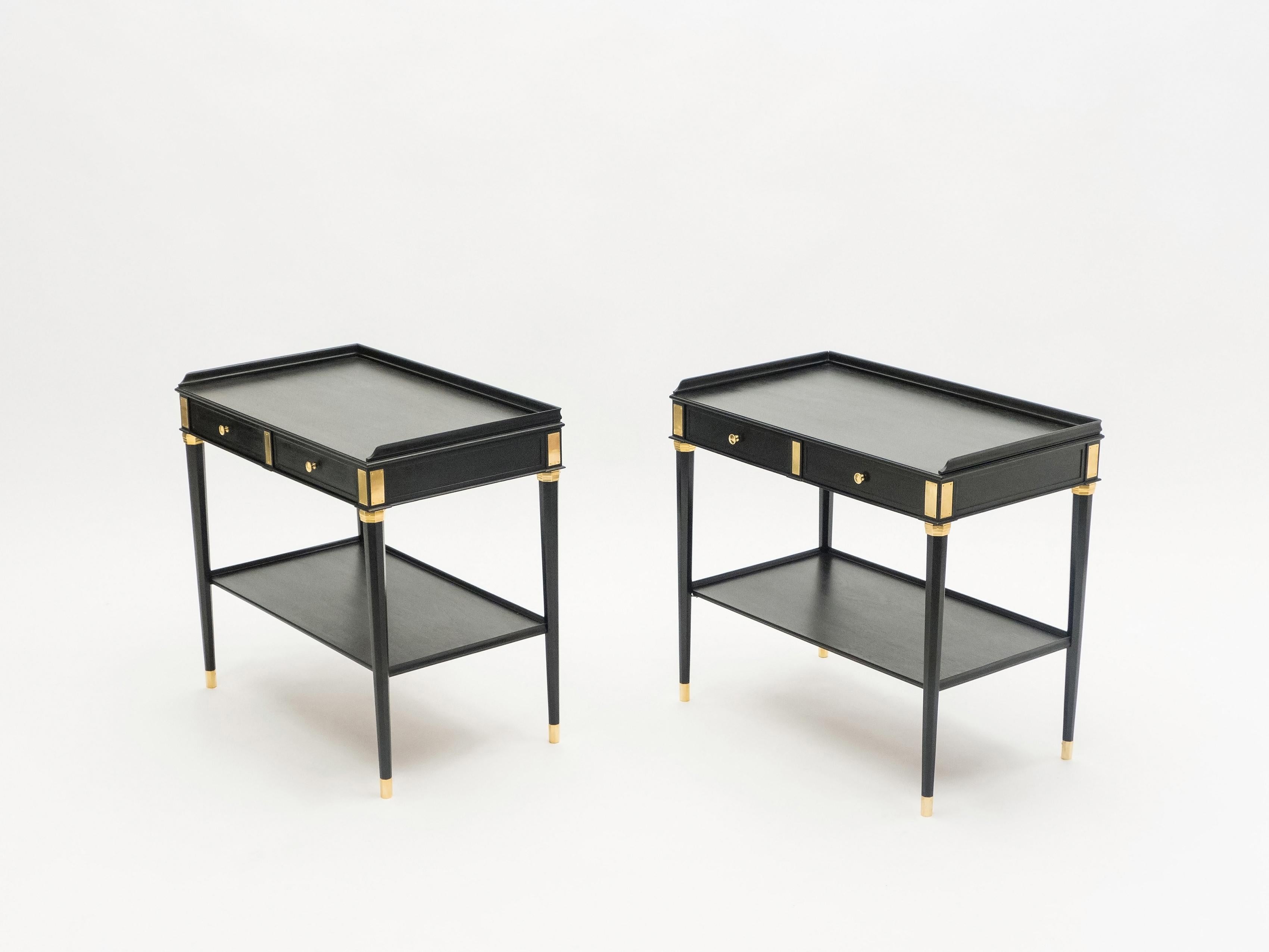 Mid-20th Century Rare Pair of Stamped Maison Jansen Black Wood Brass End Tables, 1950s