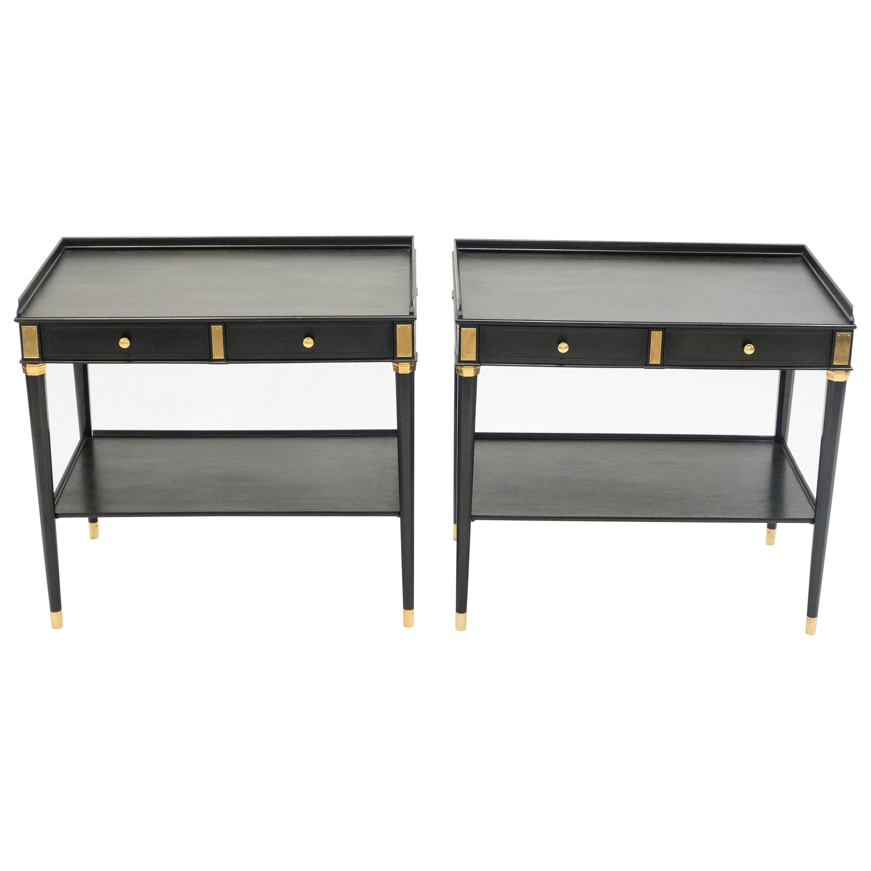 Rare Pair of Stamped Maison Jansen Black Wood Brass End Tables, 1950s