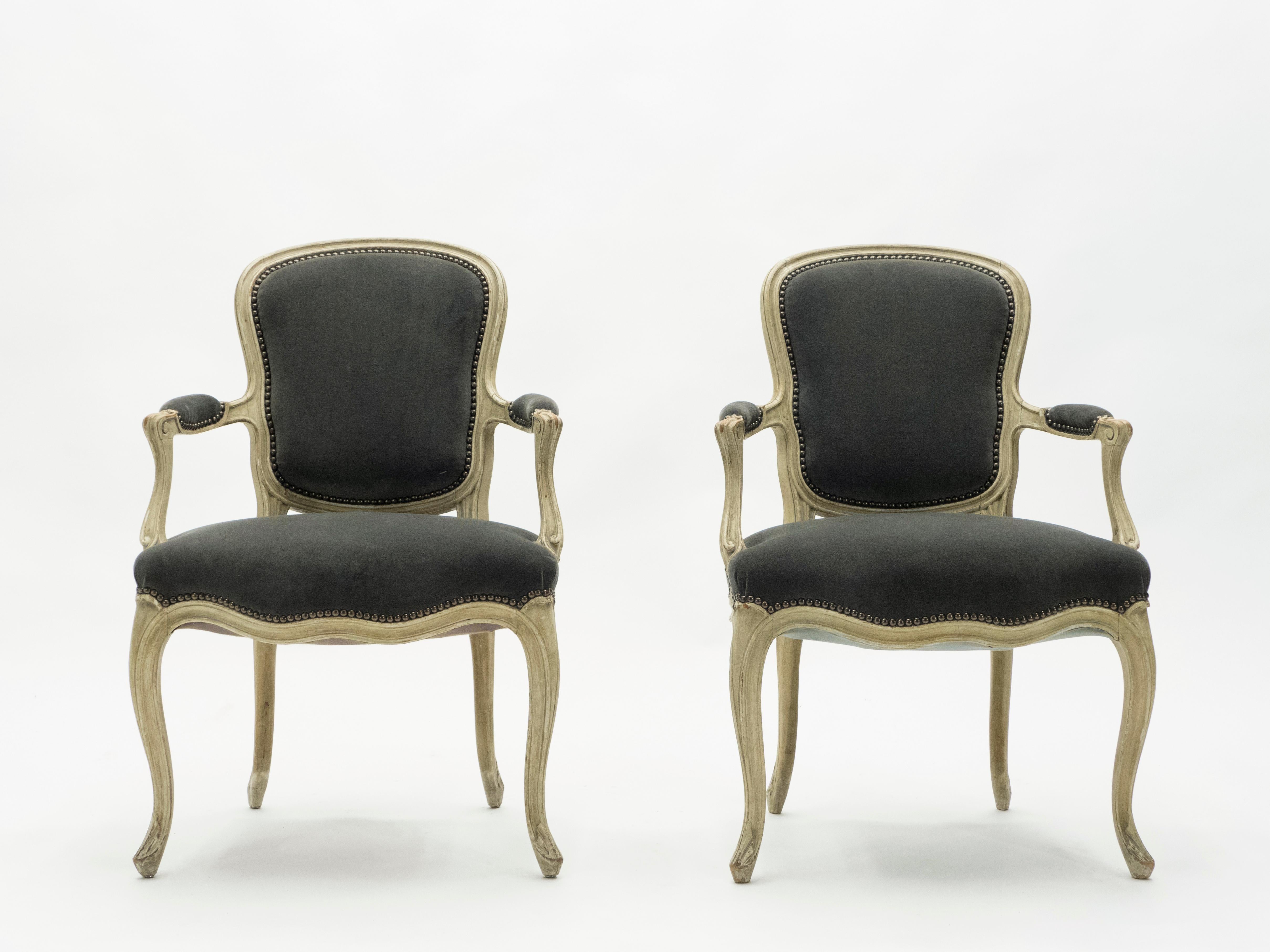 French Rare Pair of Stamped Maison Jansen Louis XV Neoclassical Armchairs, 1940s For Sale