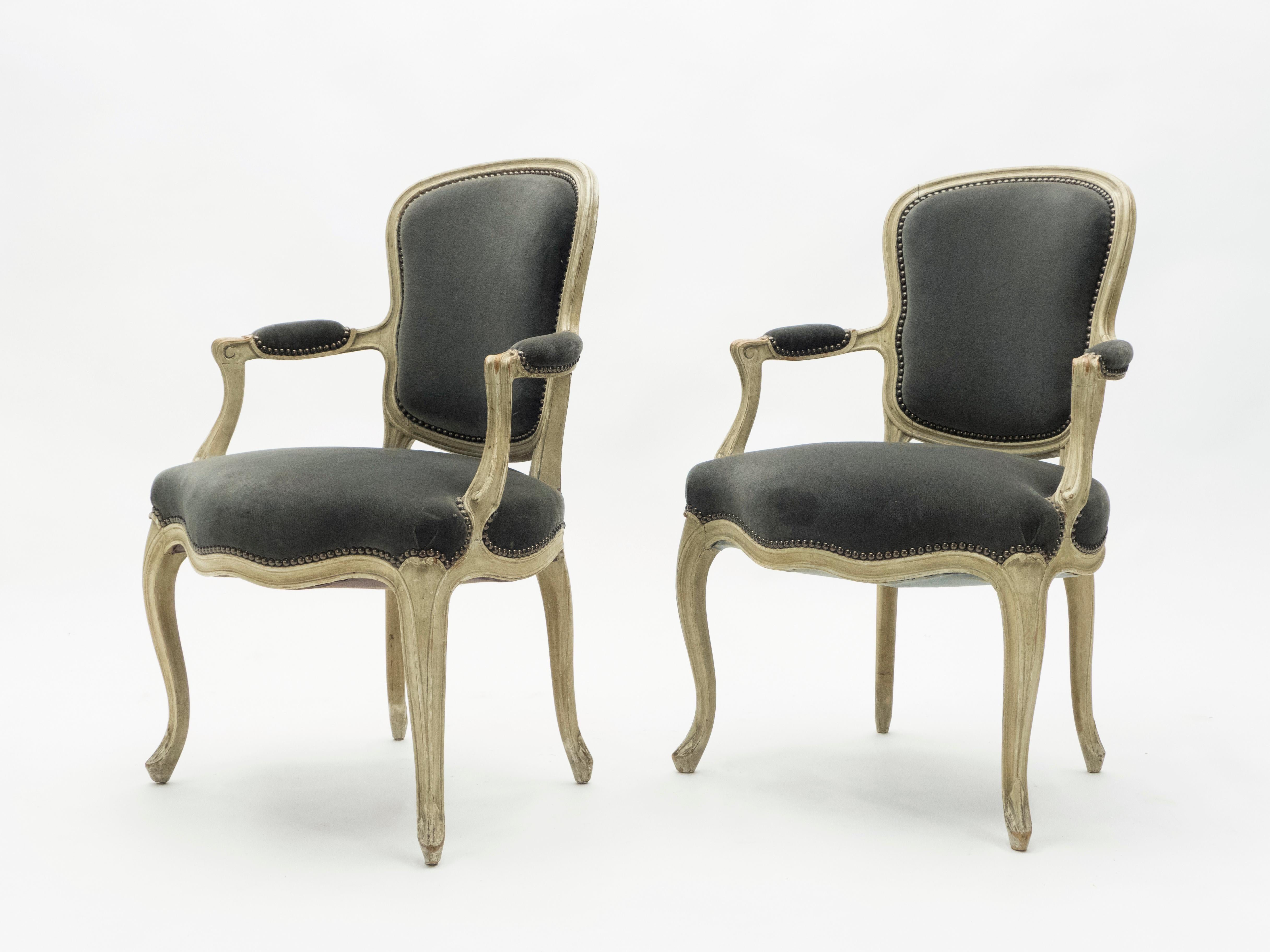 Metal Rare Pair of Stamped Maison Jansen Louis XV Neoclassical Armchairs, 1940s For Sale