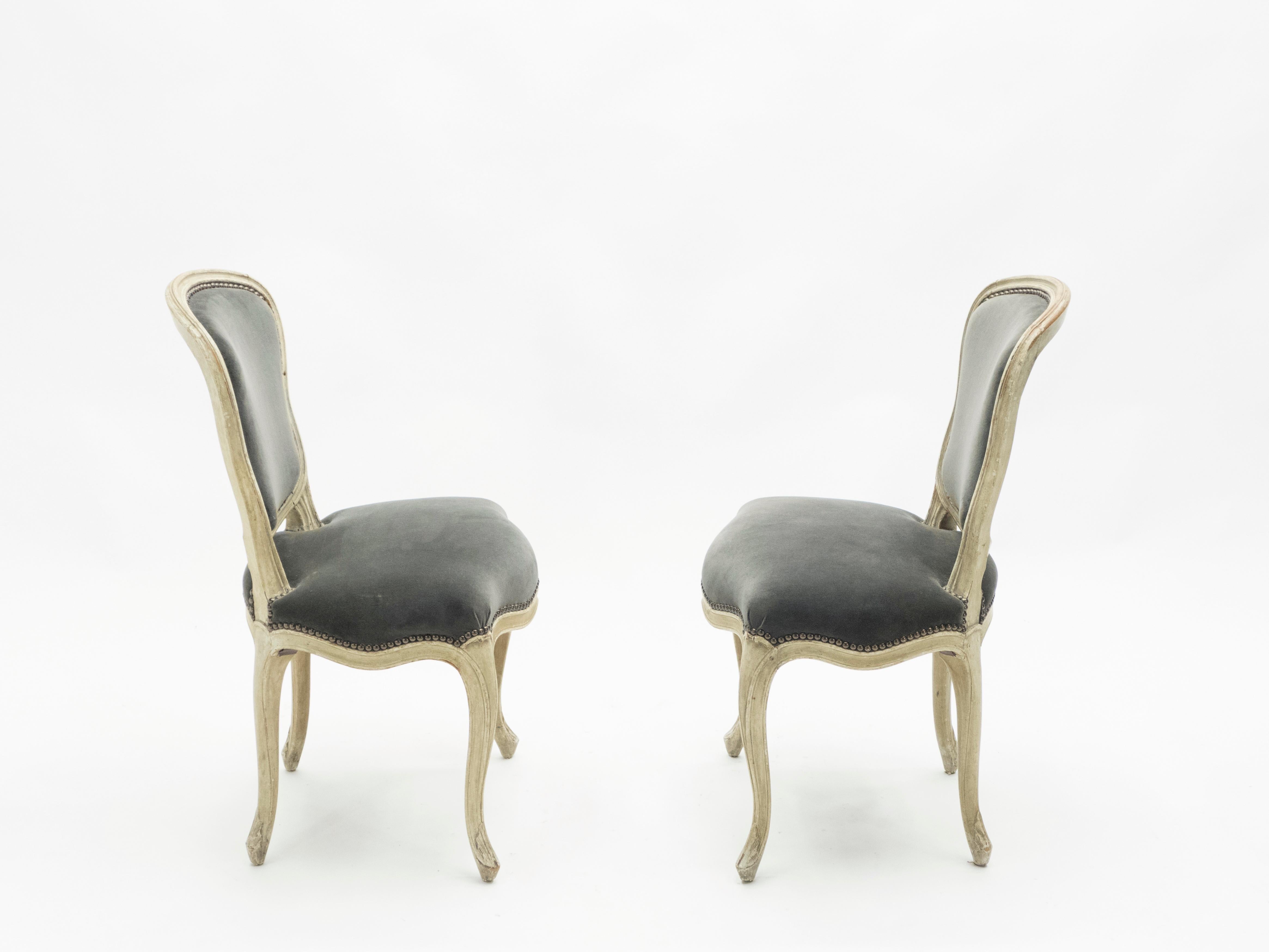 Velvet Rare Pair of Stamped Maison Jansen Louis XV Neoclassical Chairs, 1940s