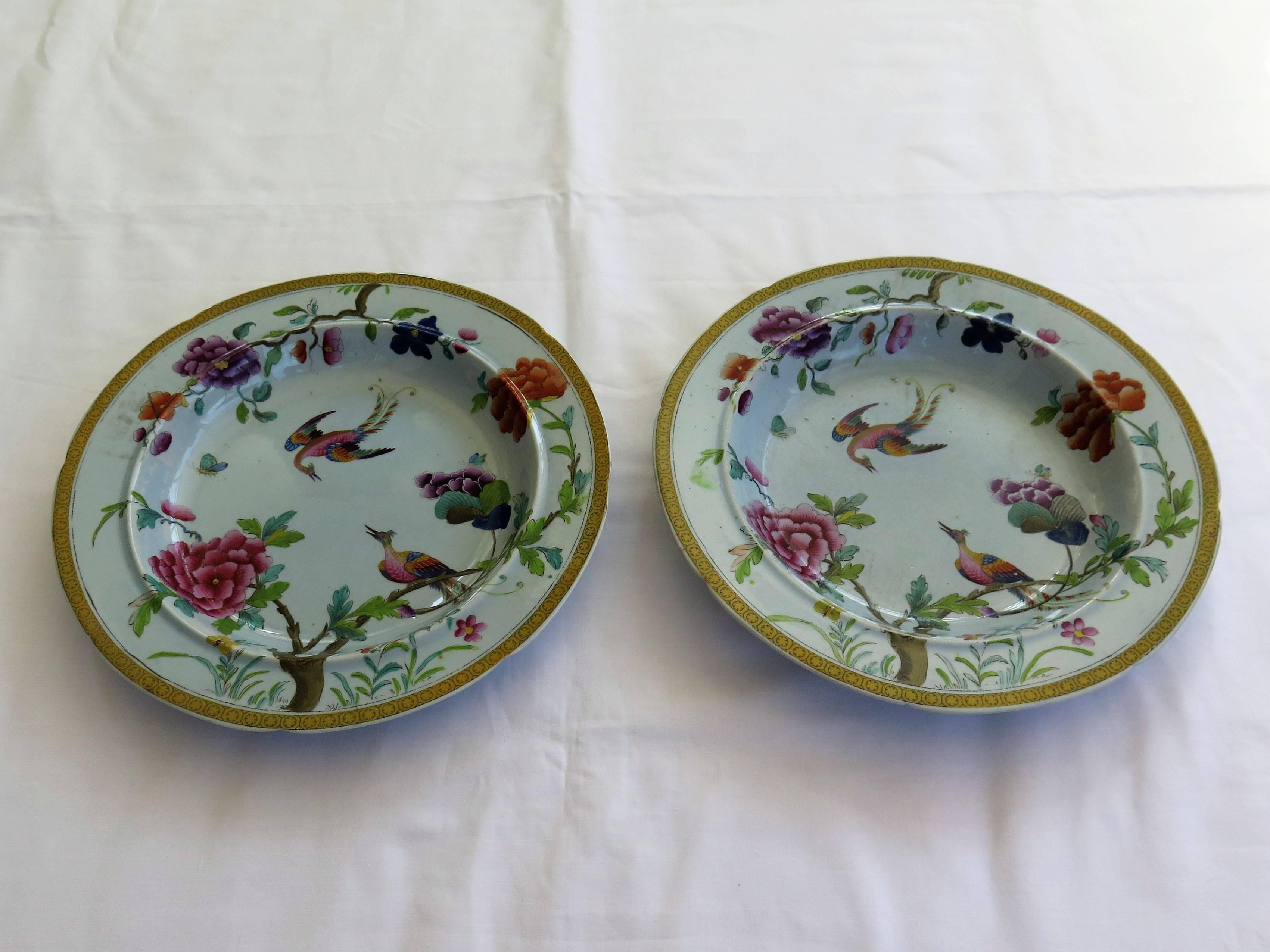 Chinoiserie Rare Pair of Stephen Folch Ironstone Soup Plates Oriental Pheasants, circa 1825