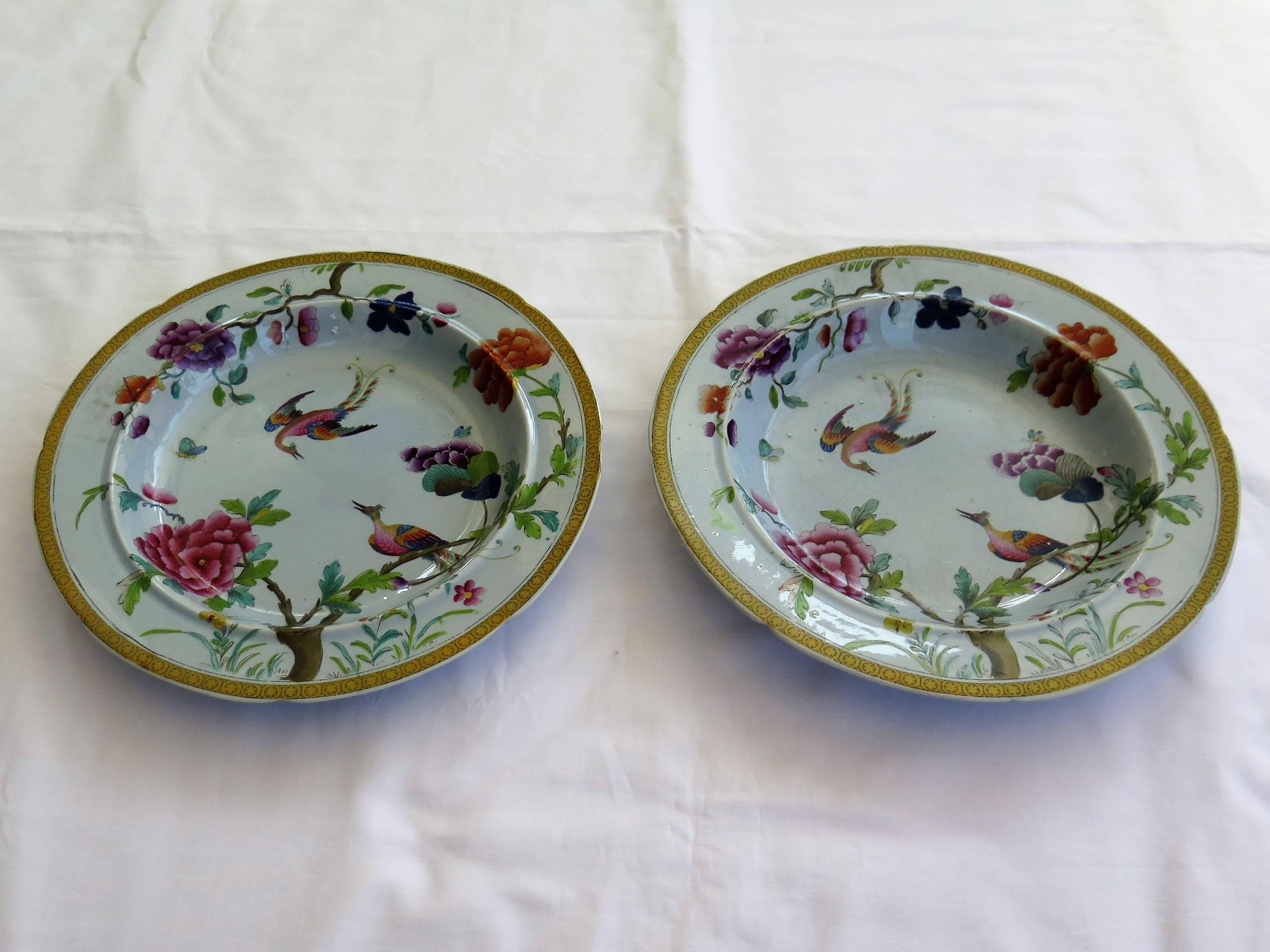 English Rare Pair of Stephen Folch Ironstone Soup Plates Oriental Pheasants, circa 1825