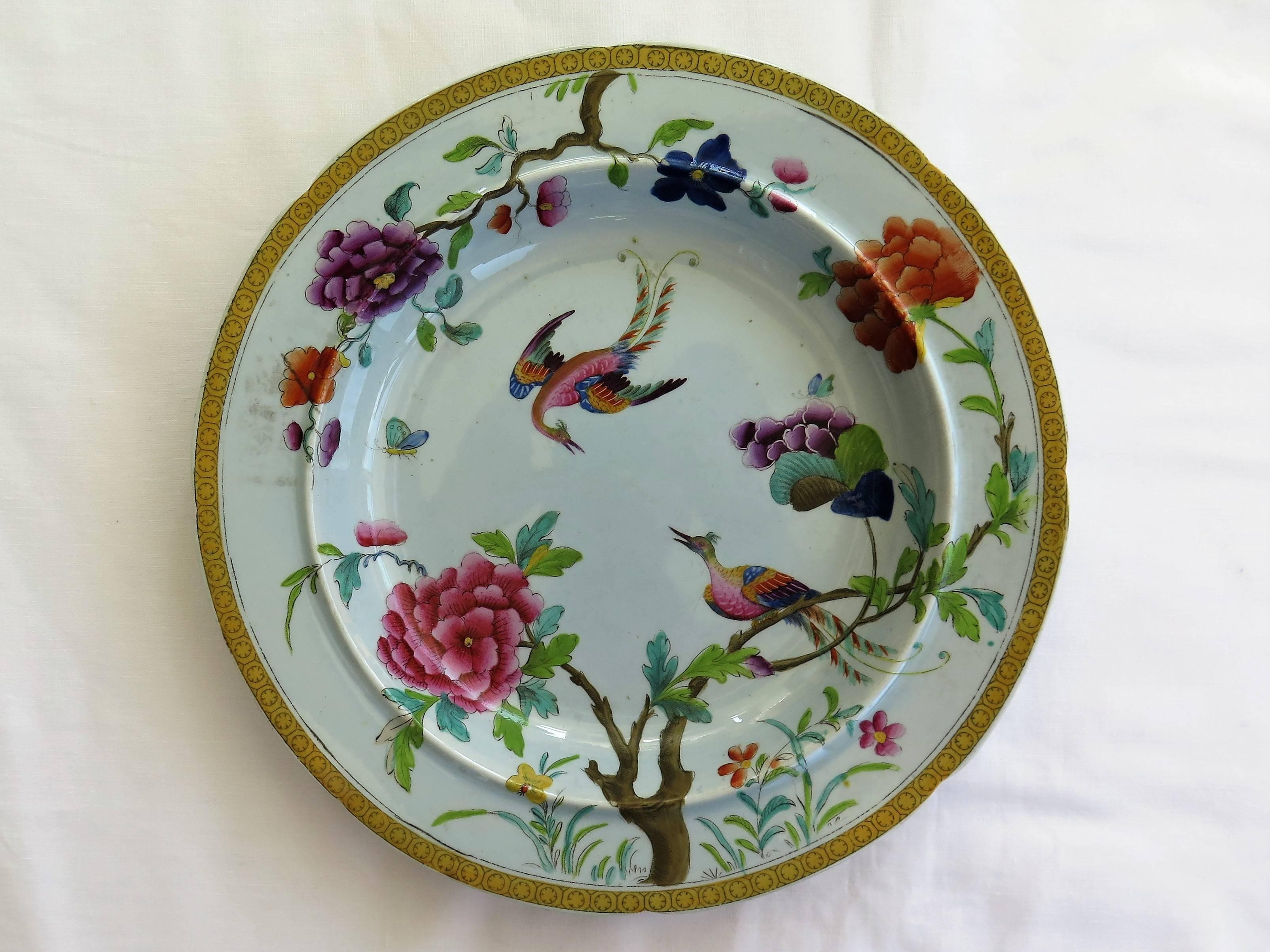 Hand-Painted Rare Pair of Stephen Folch Ironstone Soup Plates Oriental Pheasants, circa 1825