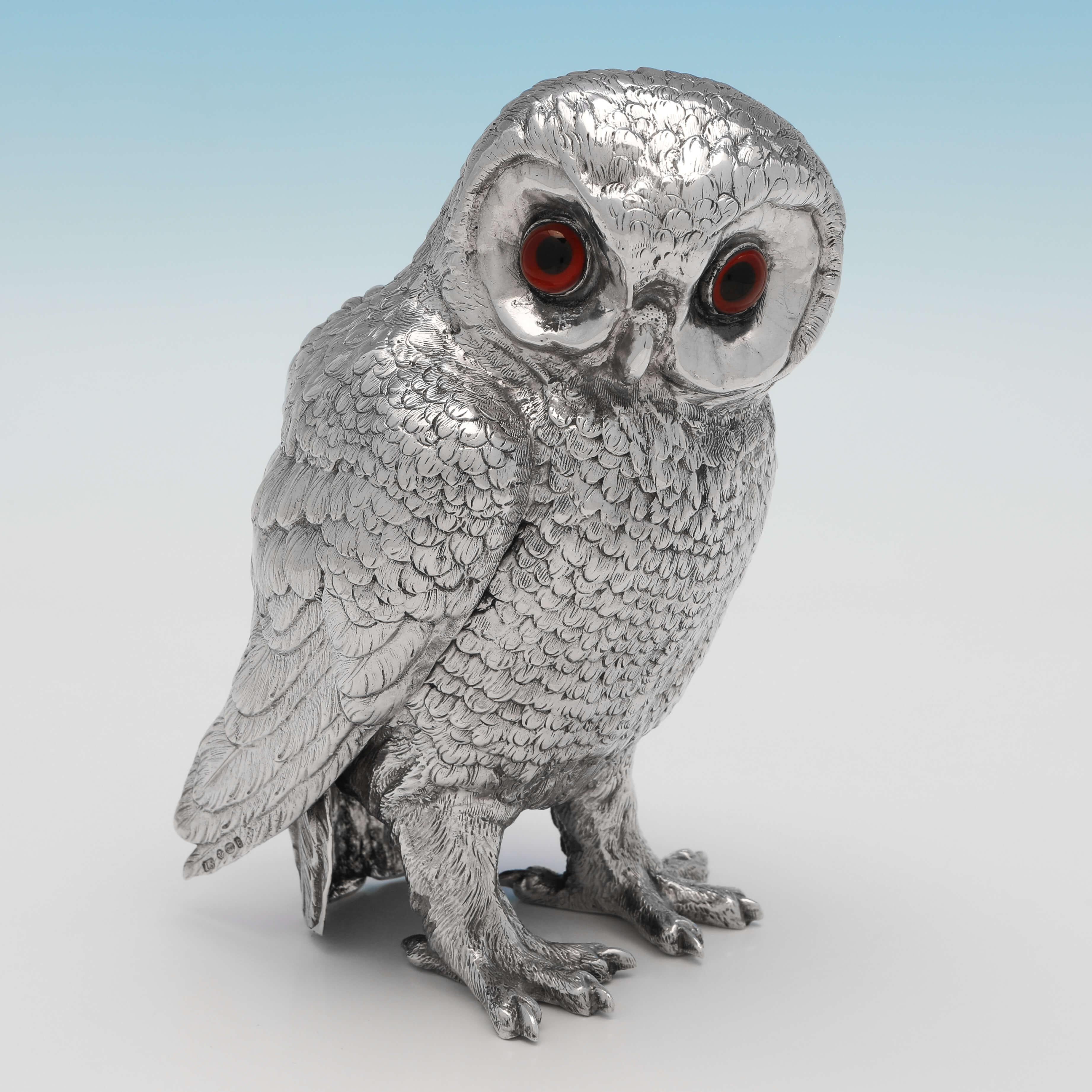 Carrying import marks for 1937 by Israel Segalov, this very rare pair of Sterling Silver Owl Models, were originally made in Germany for the English market, by the great model making firm of Neresheimer & Sohne, and they can be seen in the firms