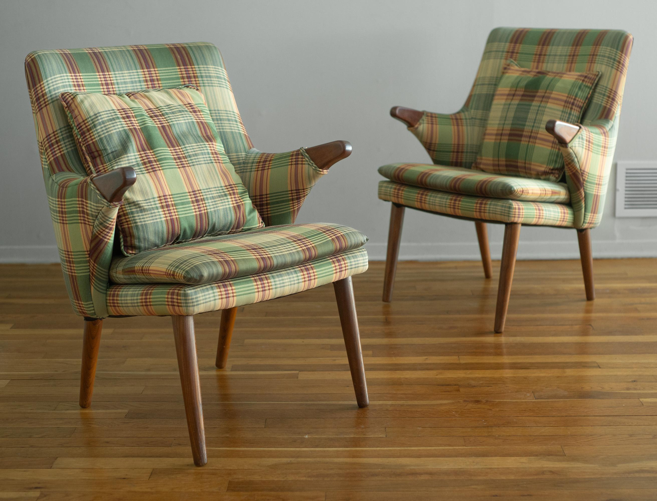Upholstery Rare Pair of Svend Skipper Carved Teak & Plaid Armchairs for Skipper Mobler For Sale