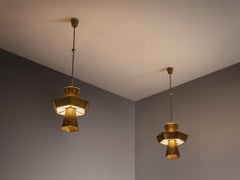 Rare Pair of Swedish 1950s Monumental Brass Pendant Lamps