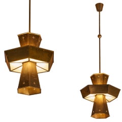 Rare Pair of Swedish 1950s Monumental Brass Pendant Lamps