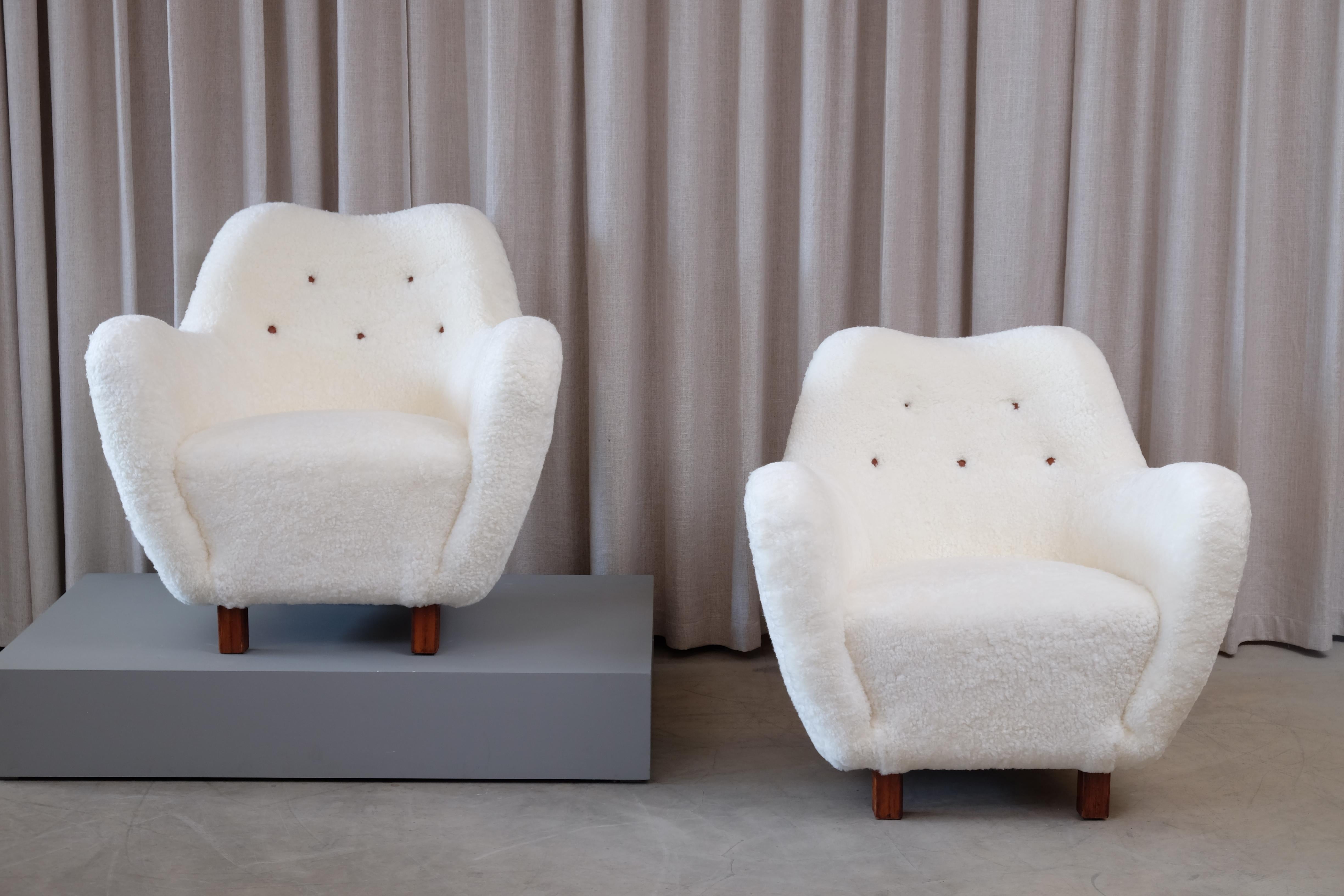 Rare Pair of Swedish Sheepskin Easy Chairs, 1950s For Sale 7