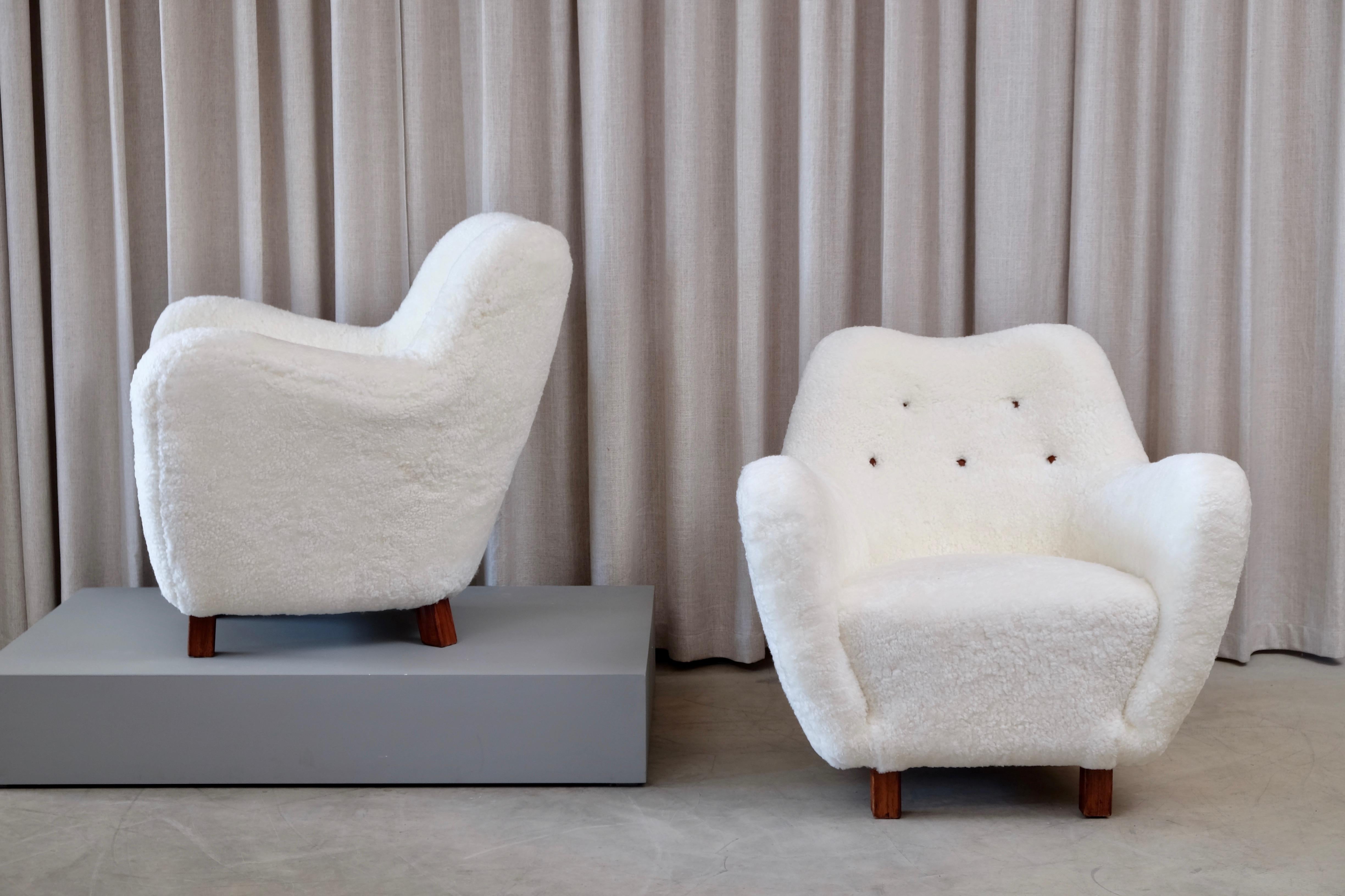 Rare Pair of Swedish Sheepskin Easy Chairs, 1950s For Sale 4