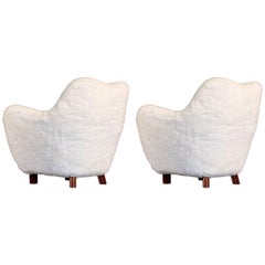 Rare Pair of Swedish Sheepskin Easy Chairs, 1950s