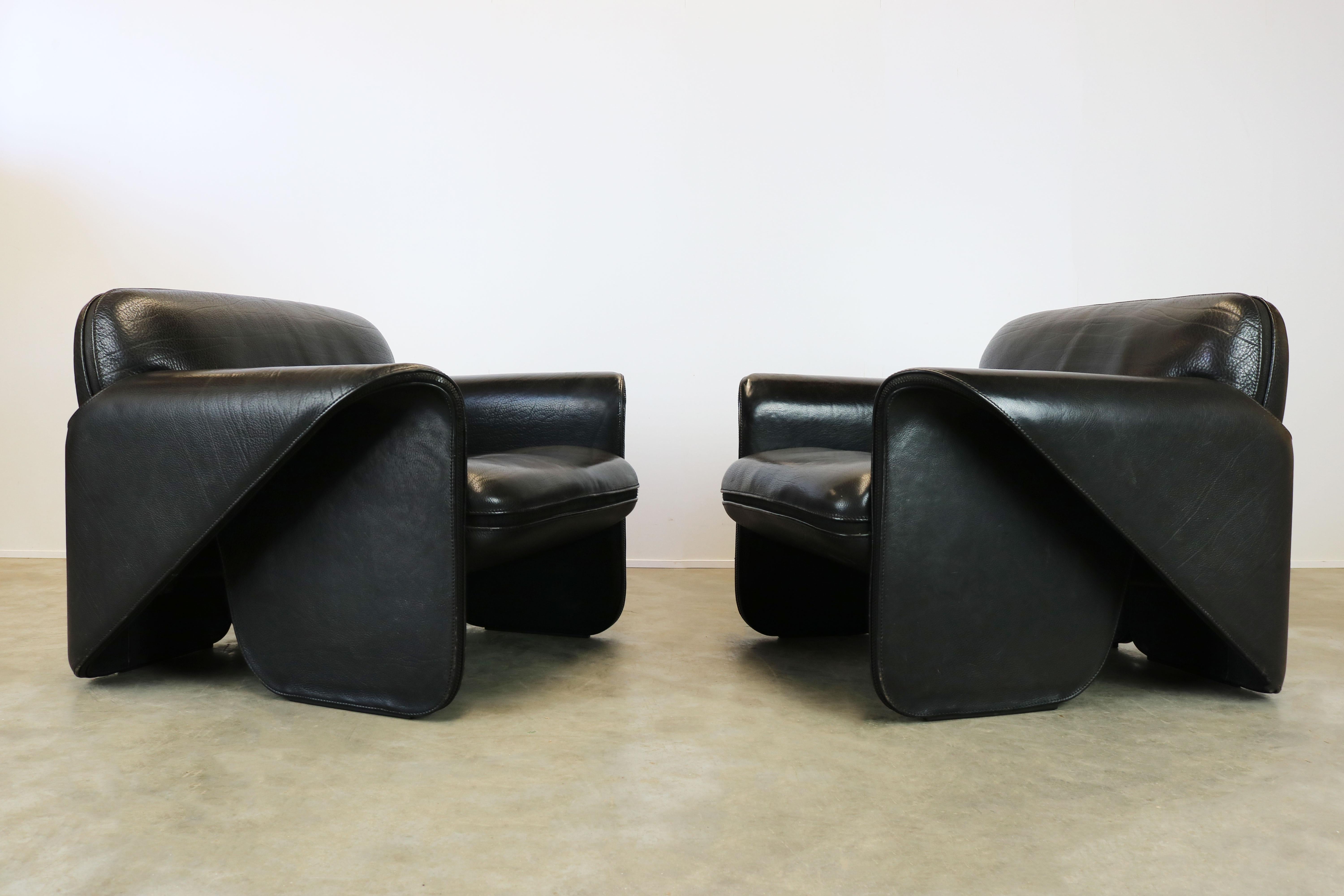 Mid-Century Modern Rare Pair of Swiss De Sede Ds 125 Lounge Chairs by Gerd Lange 1978 Black Leather