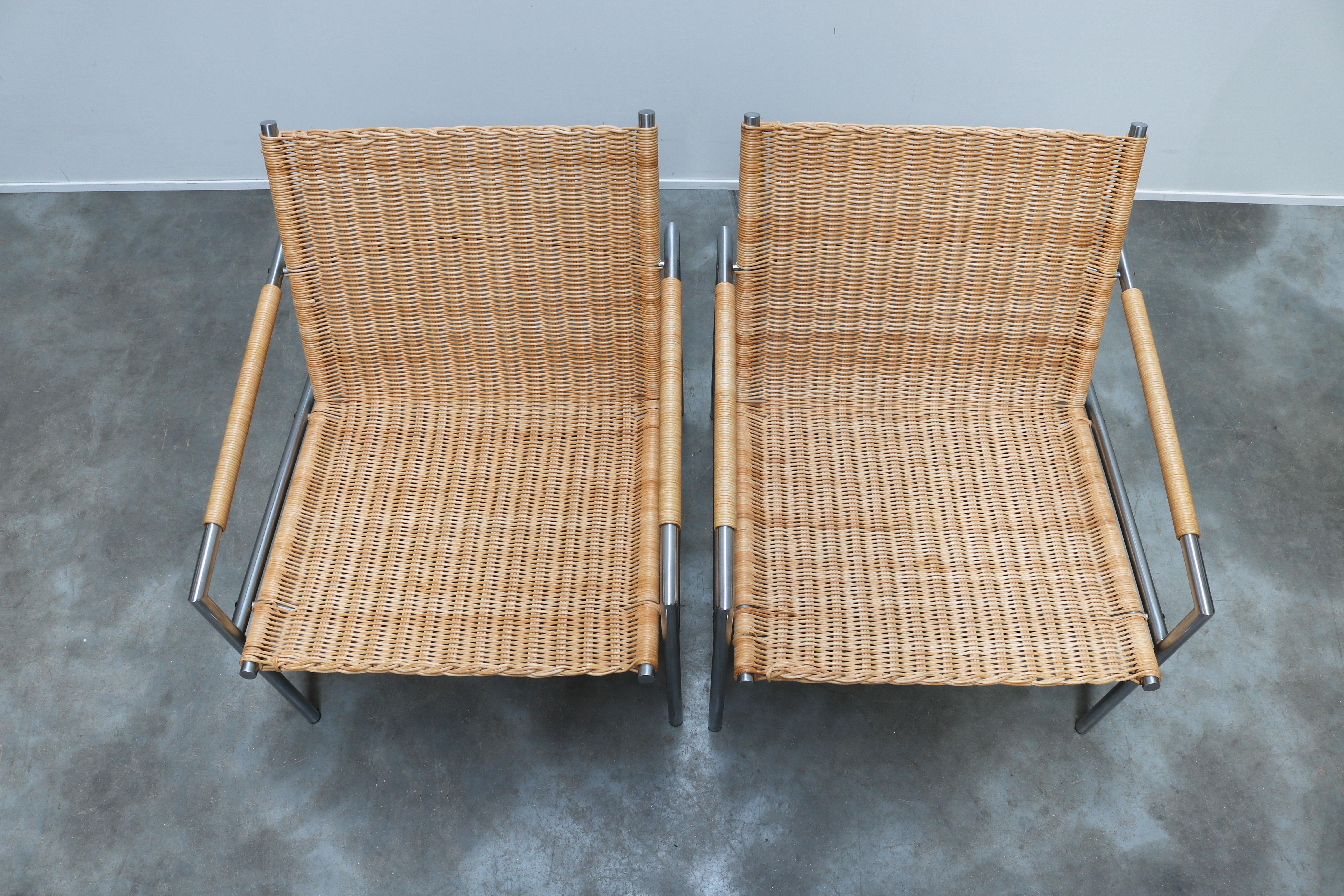 Mid-20th Century Rare Pair of SZ 01 Lounge Chairs by Martin Visser for Spectrum 1960 Cane Chrome