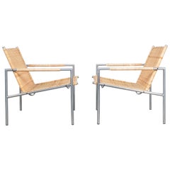 Rare Pair of SZ 01 Lounge Chairs Cane and Chrome by Martin Visser, 1960