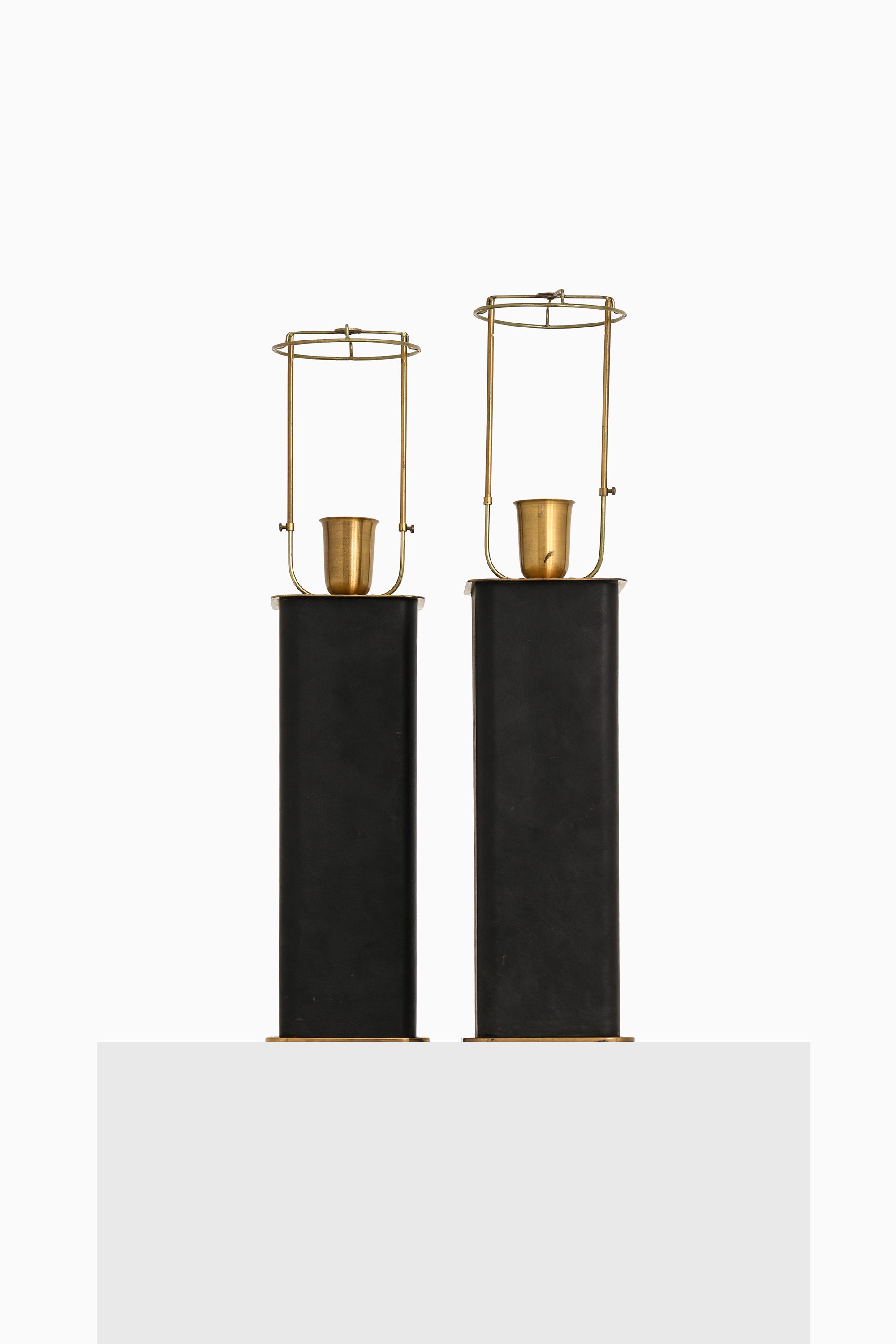 Rare Pair of Table Lamps in Brass, Leather and Original Lamp Shades, 1950's