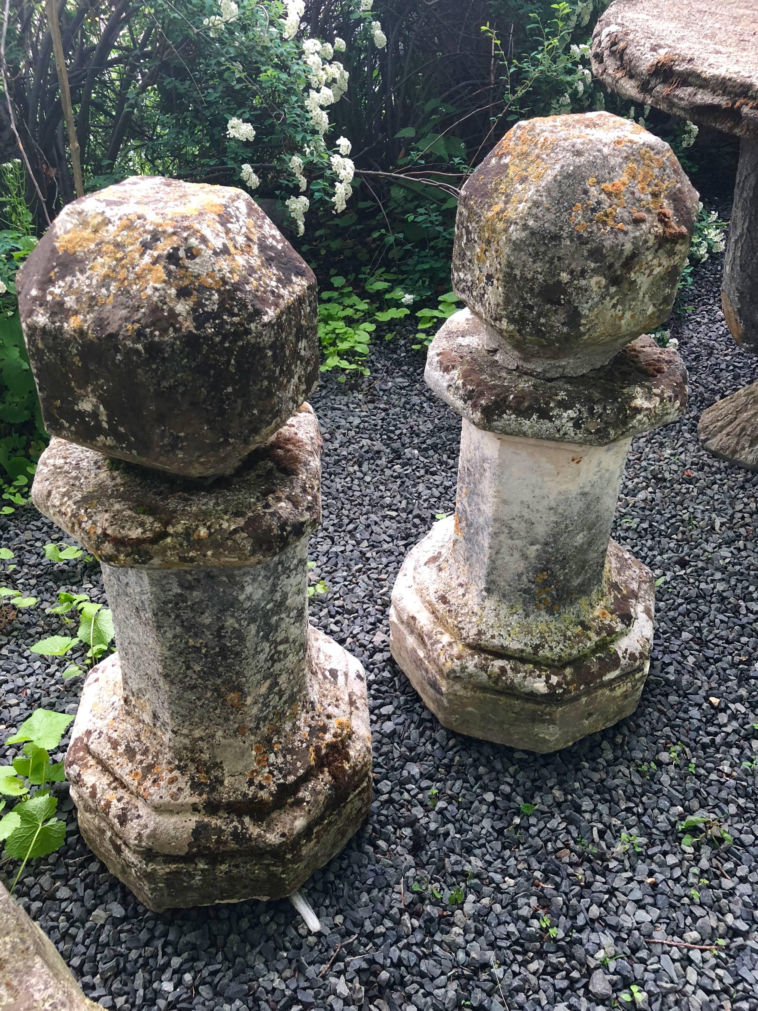 Rare Pair of Tall 18th Century Polyhedron Hand-Carved French Limestone Finials In Good Condition In Woodbury, CT