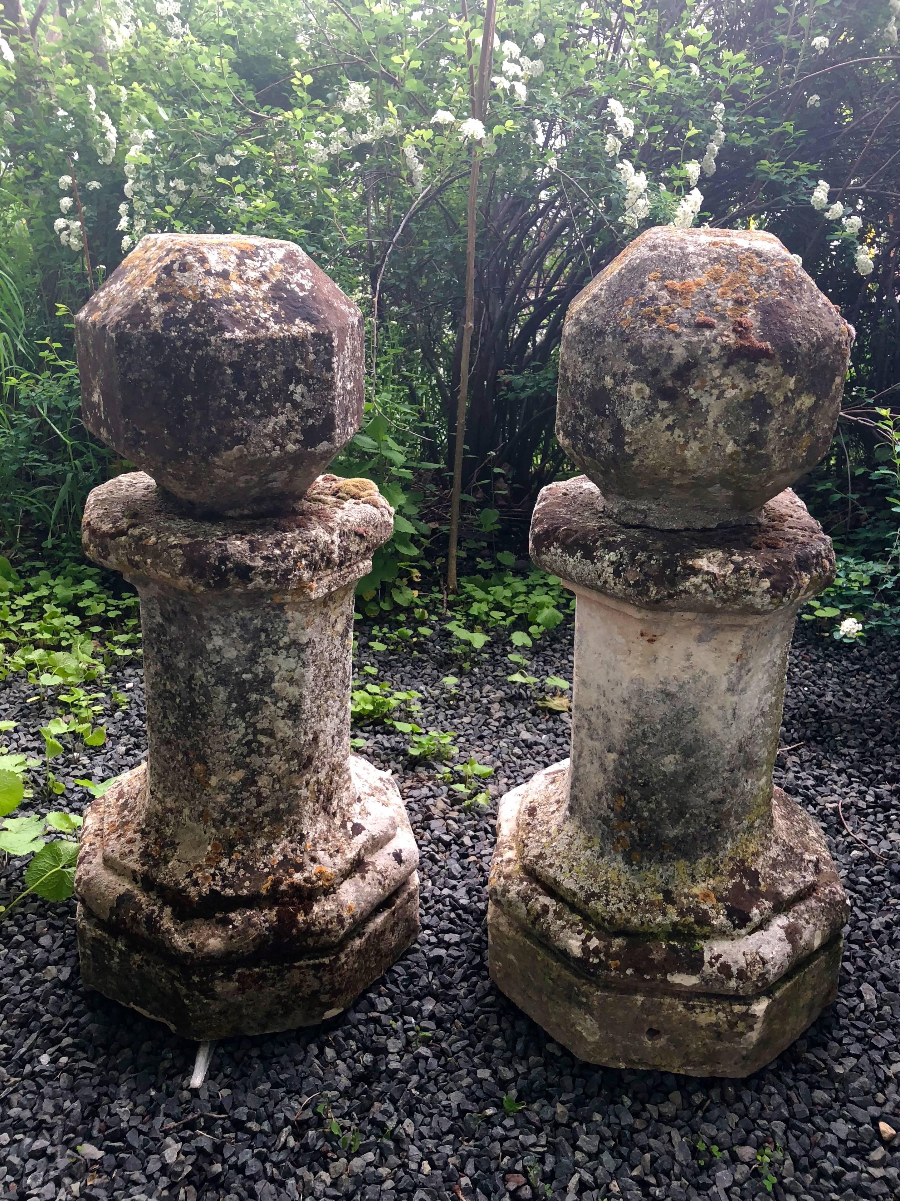 Rare Pair of Tall 18th Century Polyhedron Hand-Carved French Limestone Finials 1