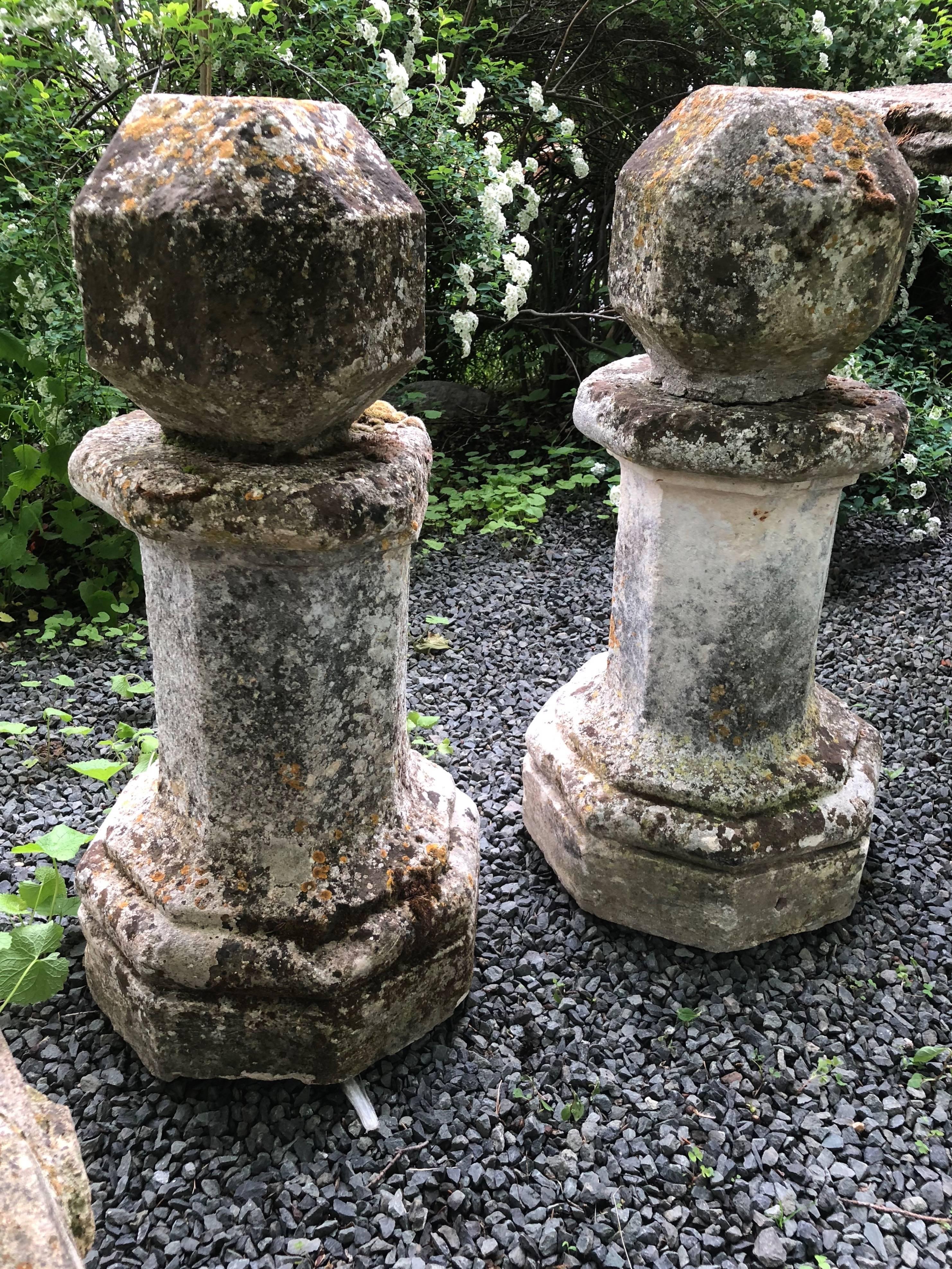 Rare Pair of Tall 18th Century Polyhedron Hand-Carved French Limestone Finials 2