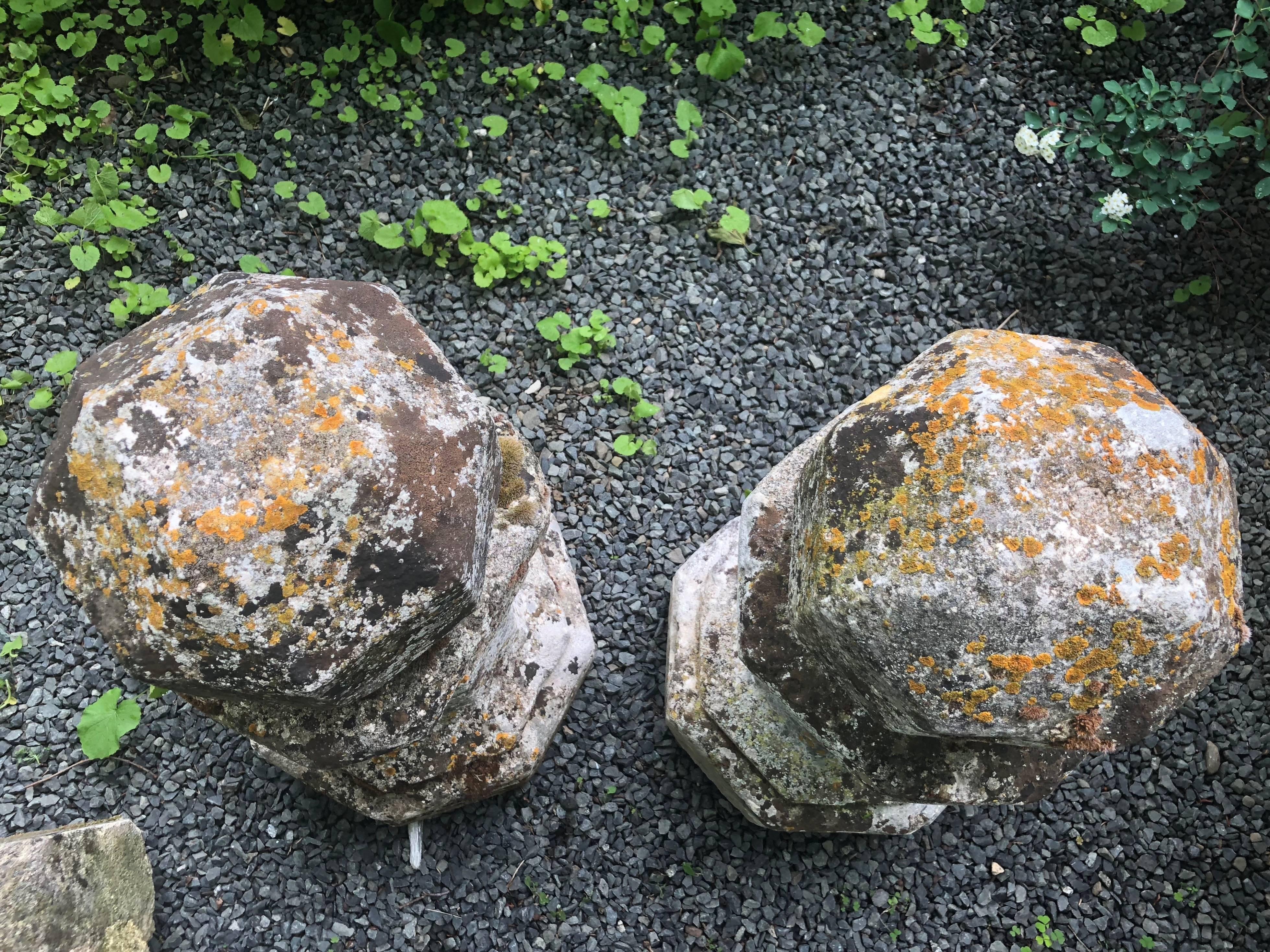 Rare Pair of Tall 18th Century Polyhedron Hand-Carved French Limestone Finials 3