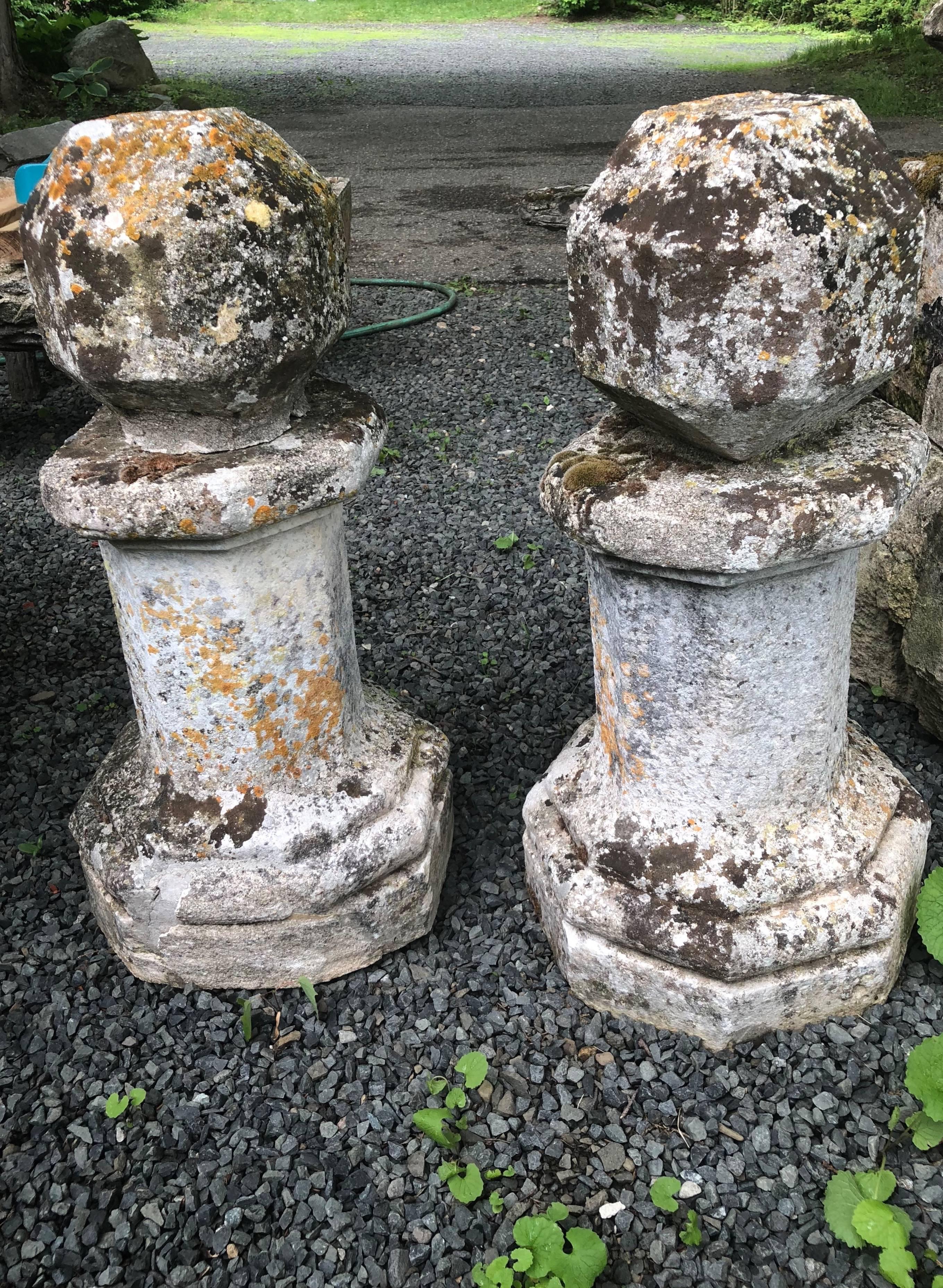 Rare Pair of Tall 18th Century Polyhedron Hand-Carved French Limestone Finials 4