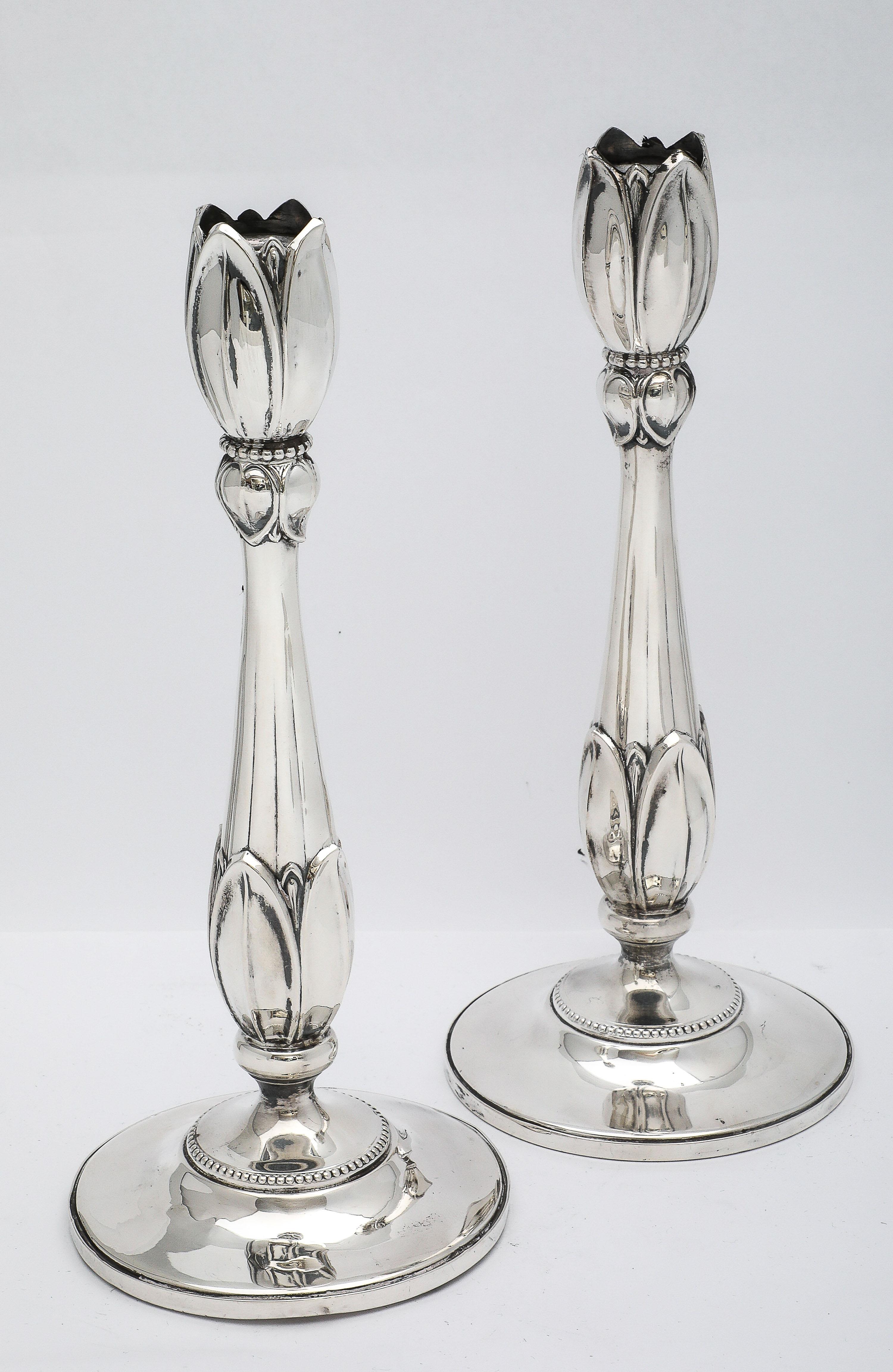 American Rare Pair of Tall Sterling Silver Art Nouveau-Style Flower-Form Candlesticks For Sale