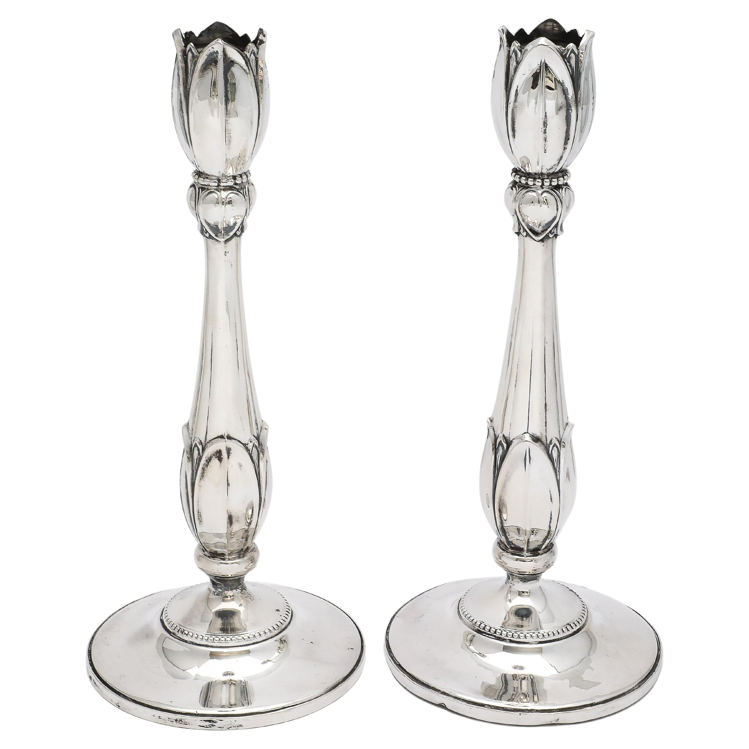 Rare Pair of Tall Sterling Silver Art Nouveau-Style Flower-Form Candlesticks For Sale