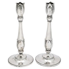 Vintage Rare Pair of Tall Sterling Silver Art Nouveau-Style Flower-Form Candlesticks
