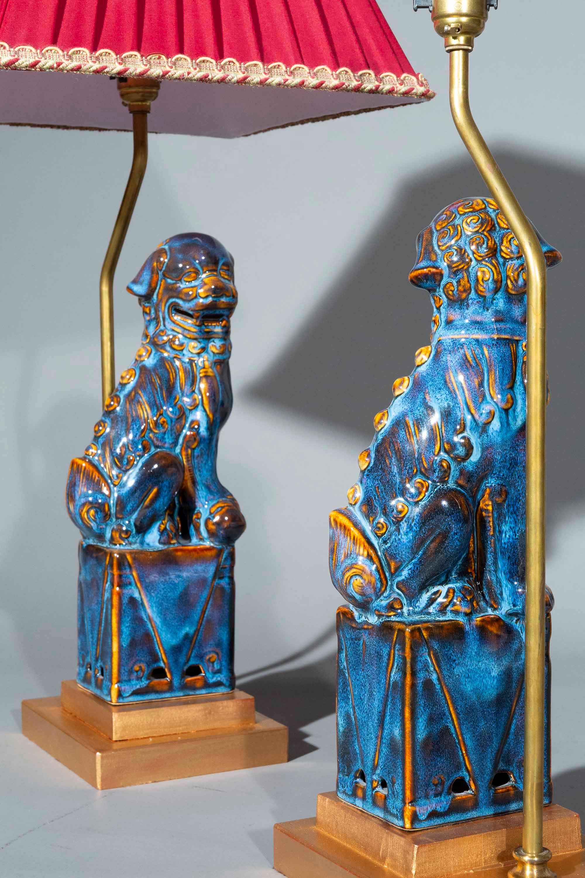 Ceramic Rare Pair of Tall Table Lamps with Chinese Flambé Foo Dogs