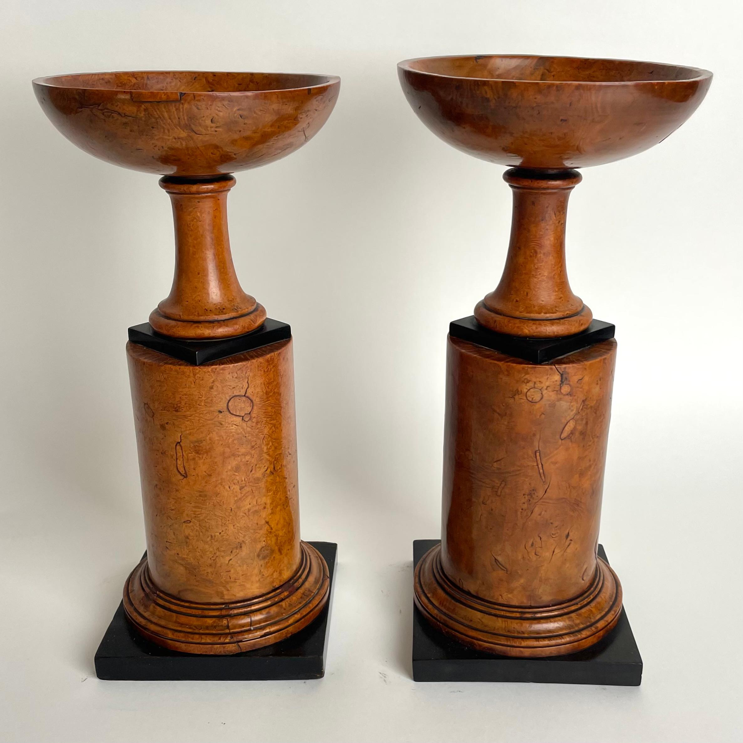 European Rare pair of Tazzas in Maple root with blackened details in Empire from 1820s