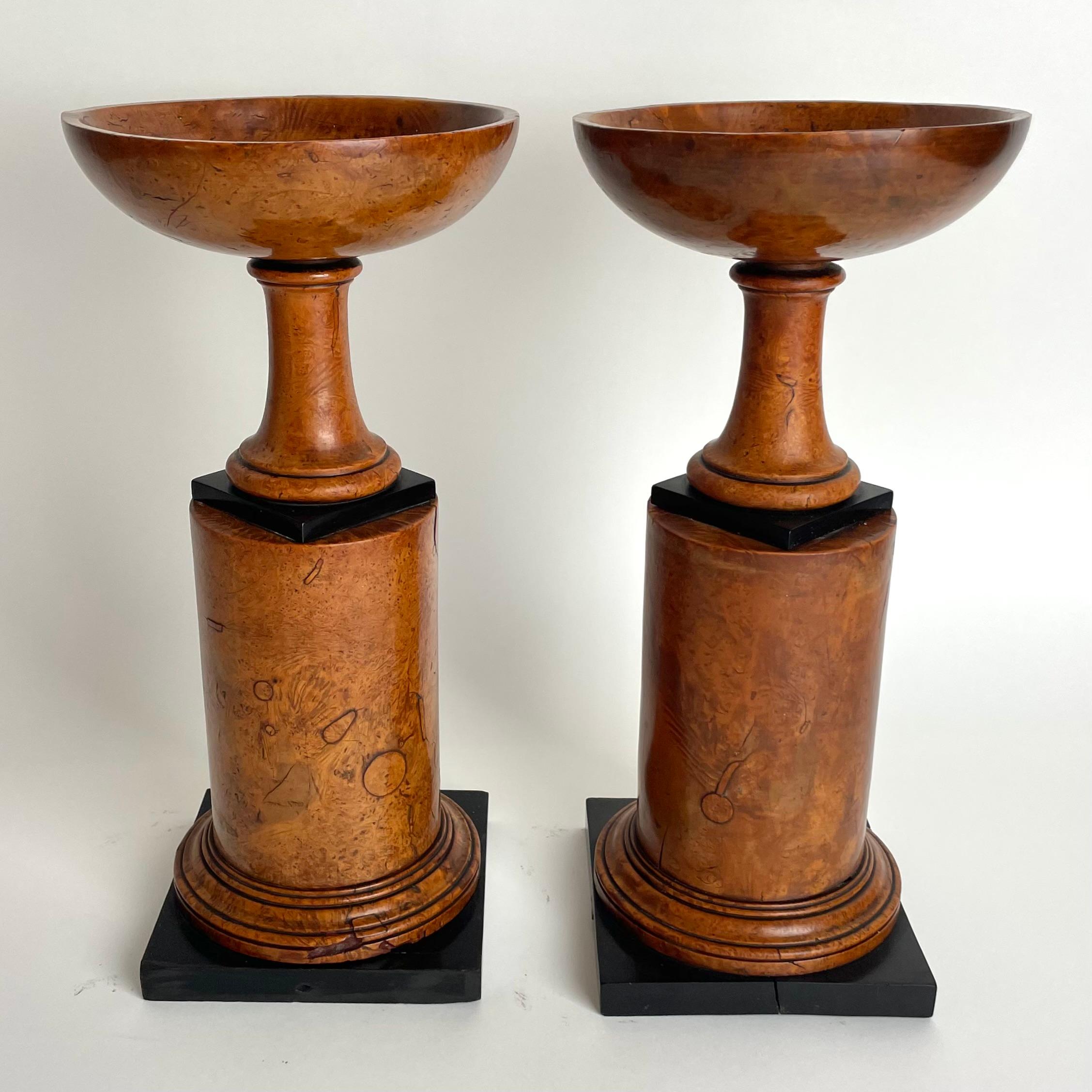 Rare pair of Tazzas in Maple root with blackened details in Empire from 1820s In Good Condition In Knivsta, SE