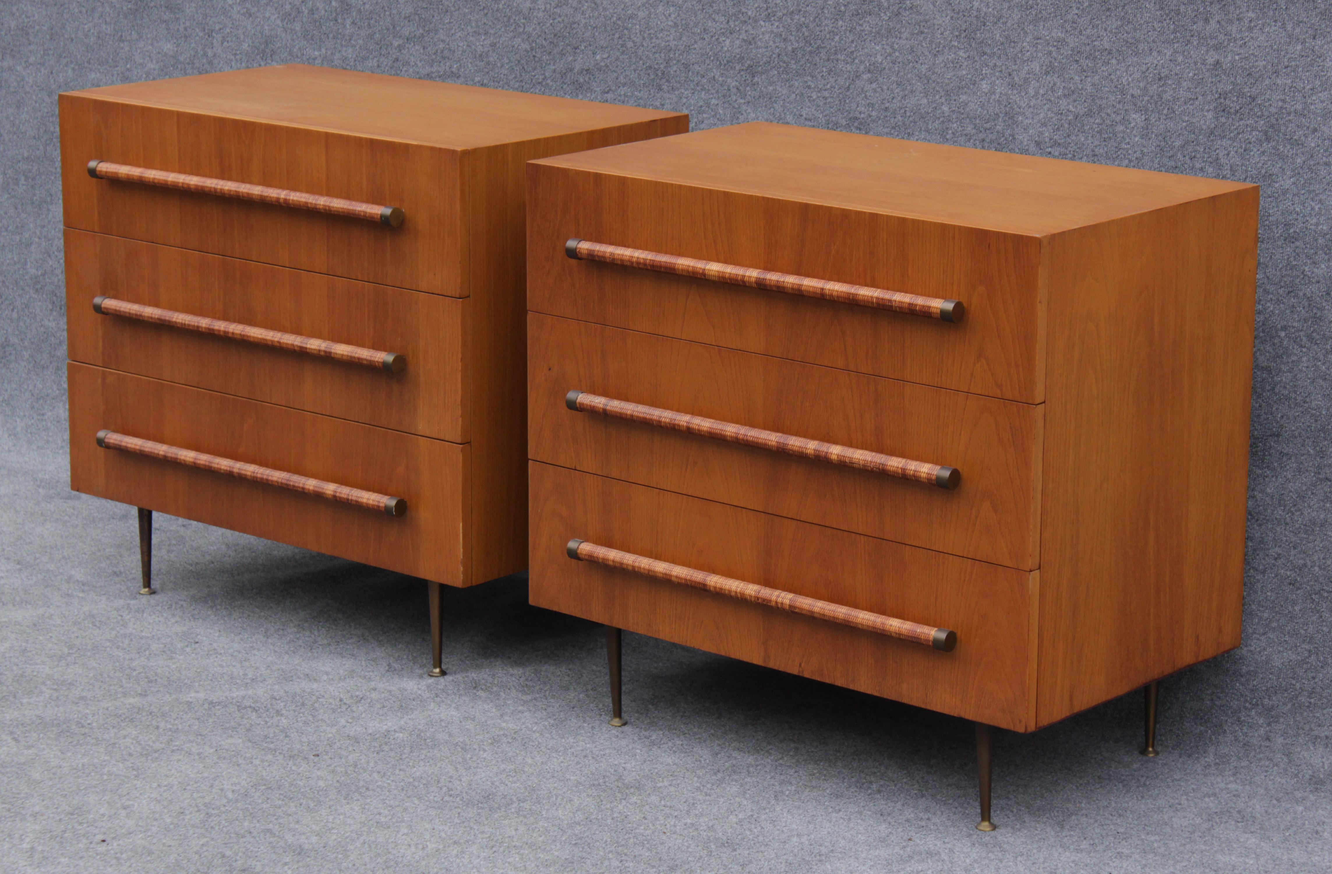 Rare Pair of T.H. Robsjohn-Gibbings for Widdicomb Walnut & Cane Dressers Chests In Good Condition In Philadelphia, PA
