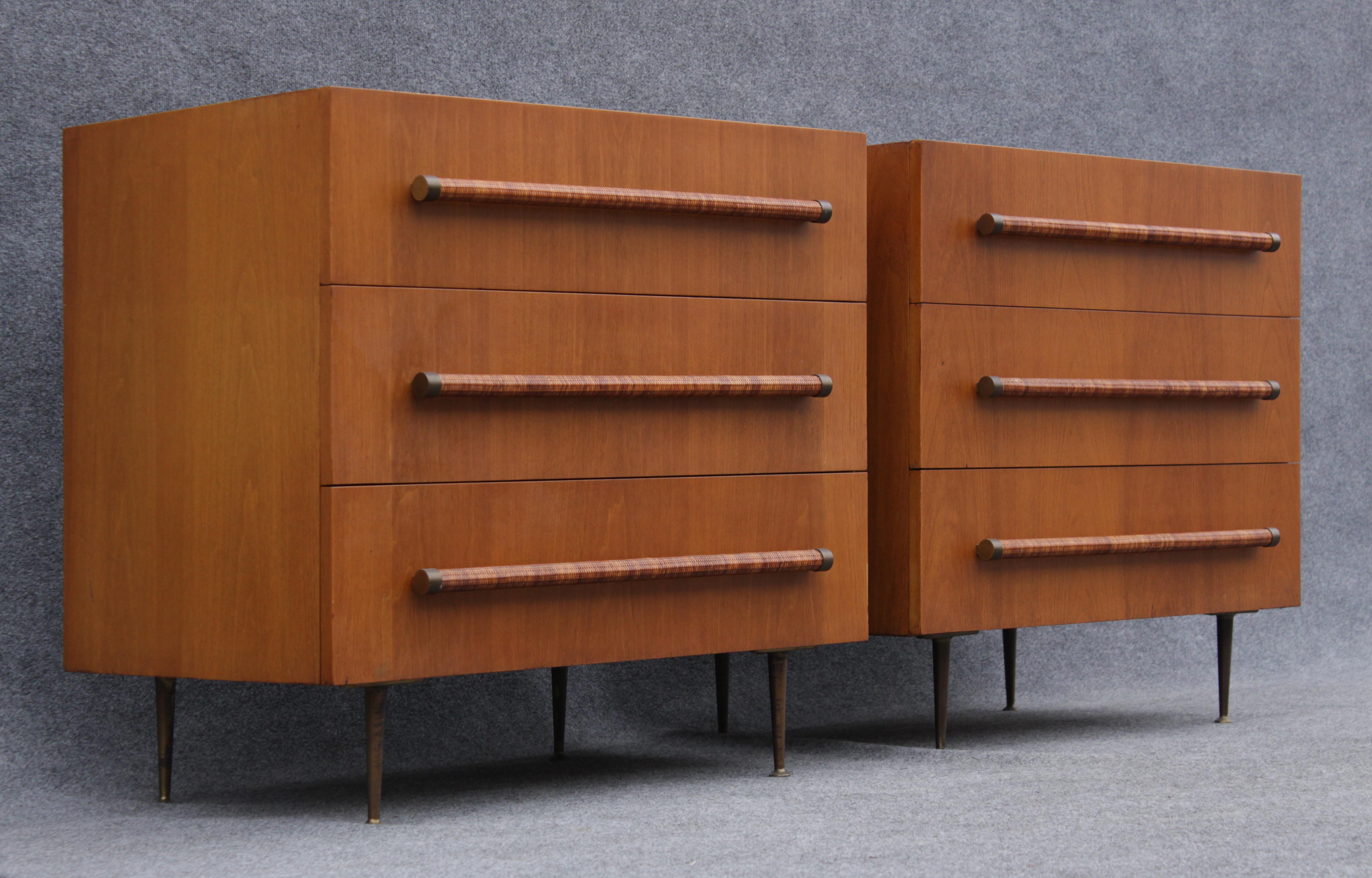 Mid-20th Century Rare Pair of T.H. Robsjohn-Gibbings for Widdicomb Walnut & Cane Dressers Chests