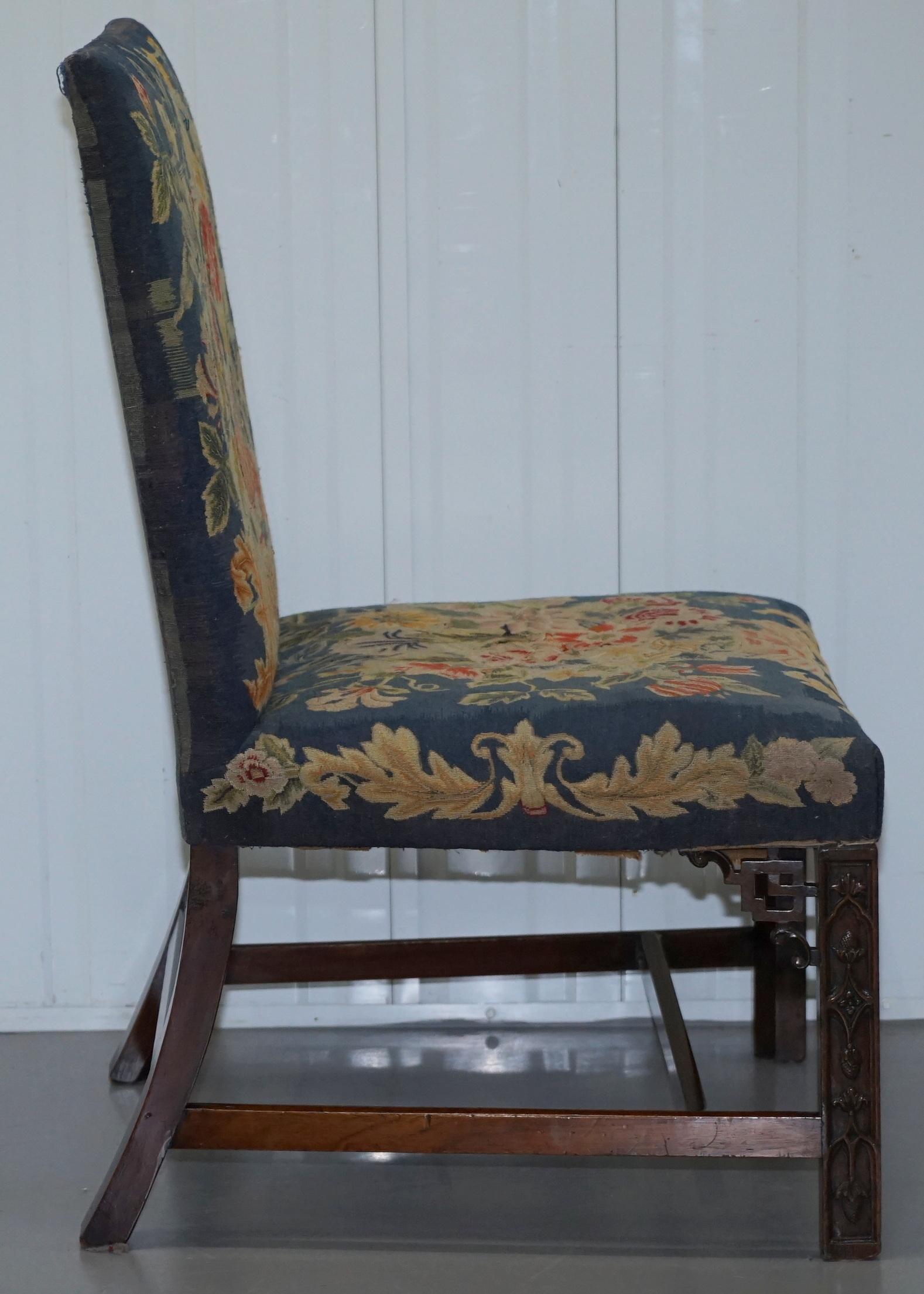 Upholstery Rare Pair of Thomas Chippendale Period 1760 Embroidered Chairs Ornately Carved For Sale