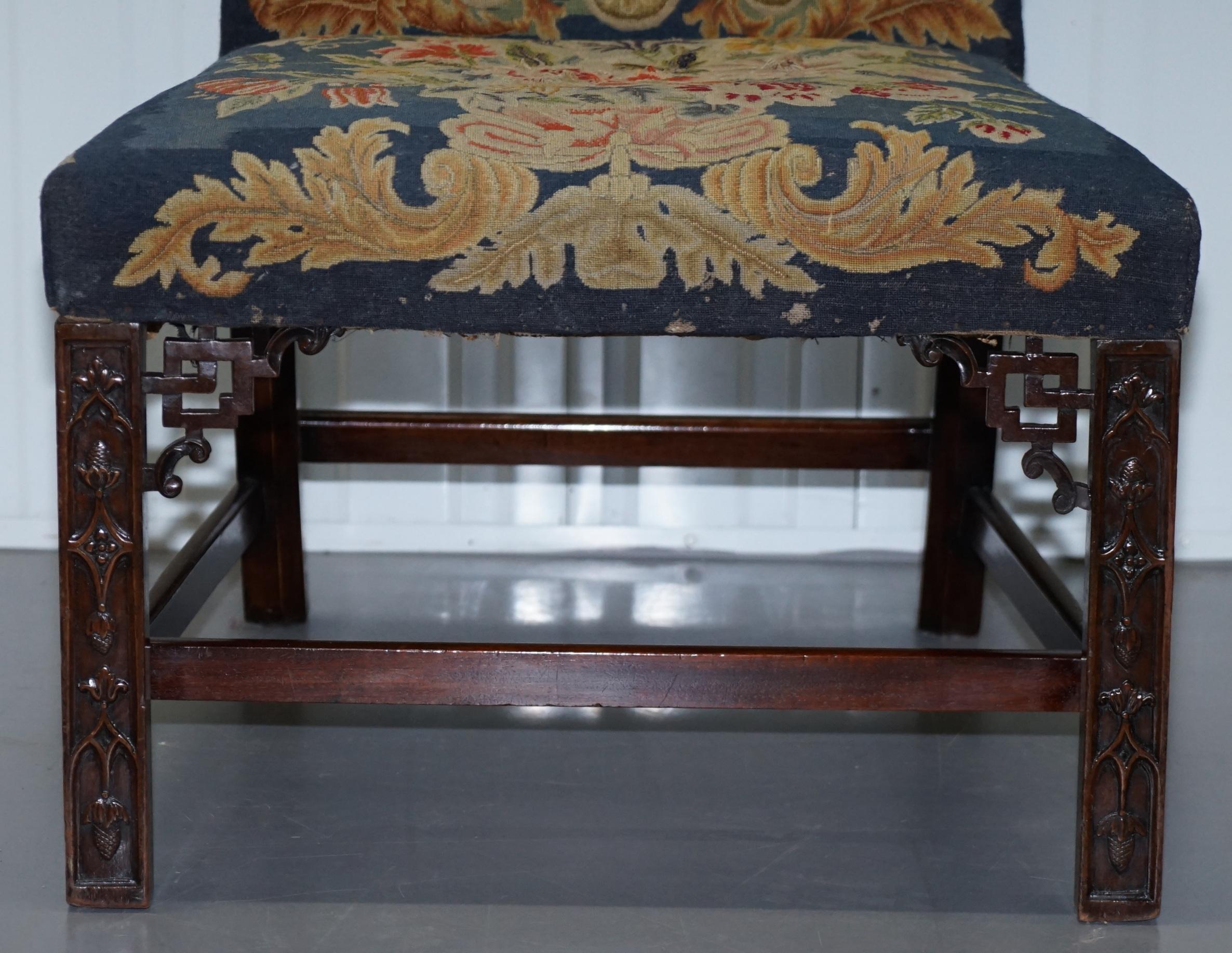 Georgian Rare Pair of Thomas Chippendale Period 1760 Embroidered Chairs Ornately Carved For Sale