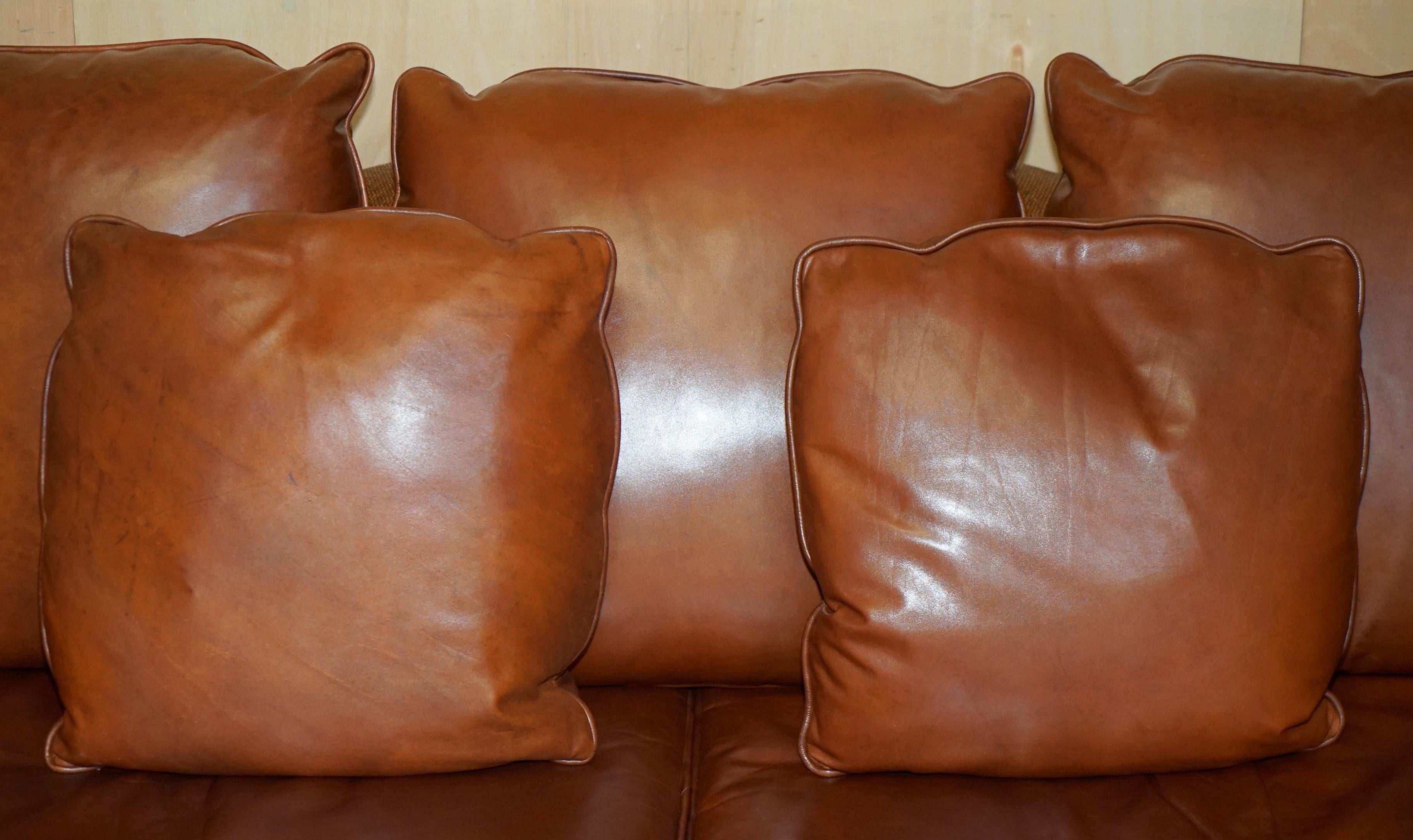 RARE PAIR OF THOMASVILLE SAFARI BROWN LEATHER WOVEN SOFAS PART OF LARGE SUITe For Sale 1