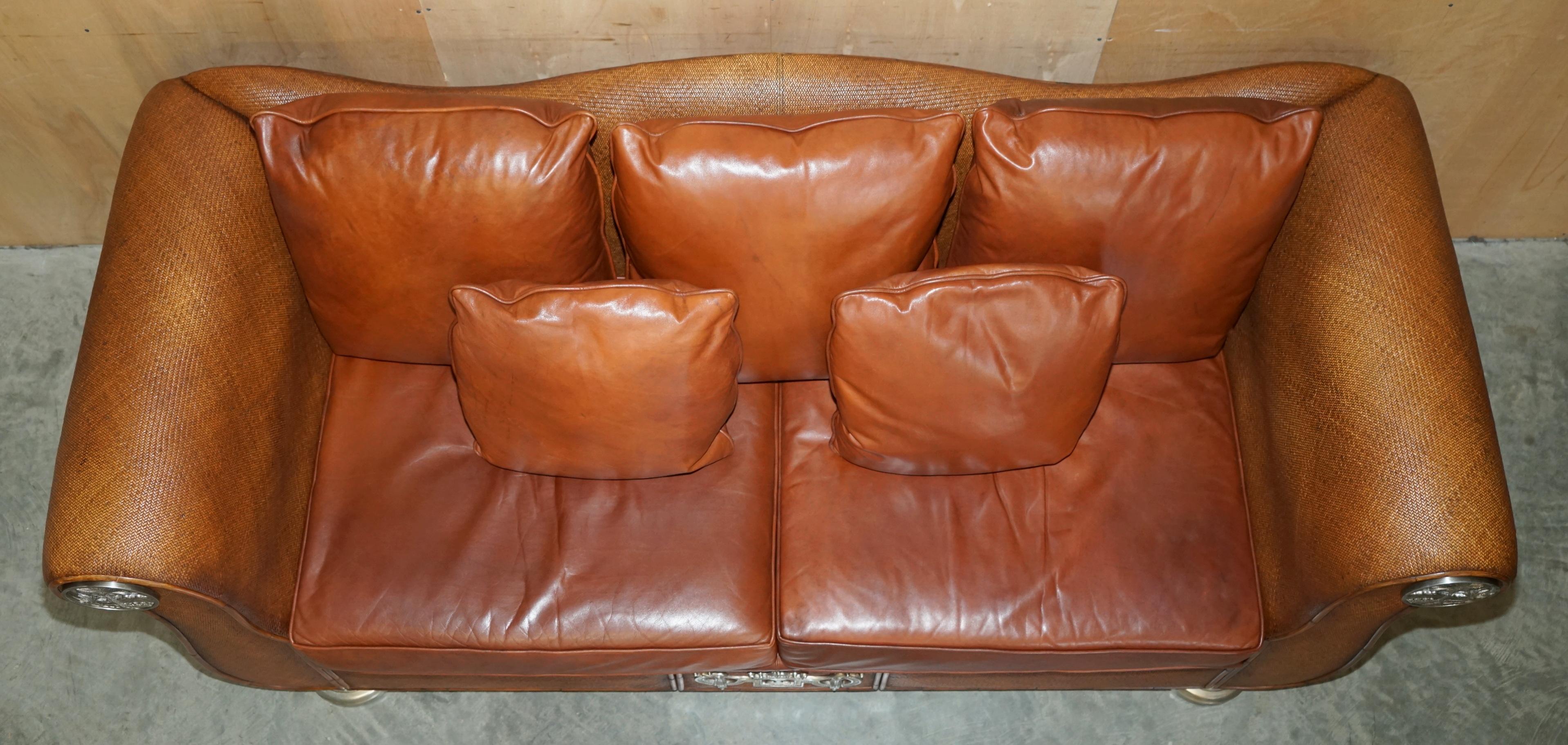 RARE PAIR OF THOMASVILLE SAFARI BROWN LEATHER WOVEN SOFAS PART OF LARGE SUITe For Sale 2