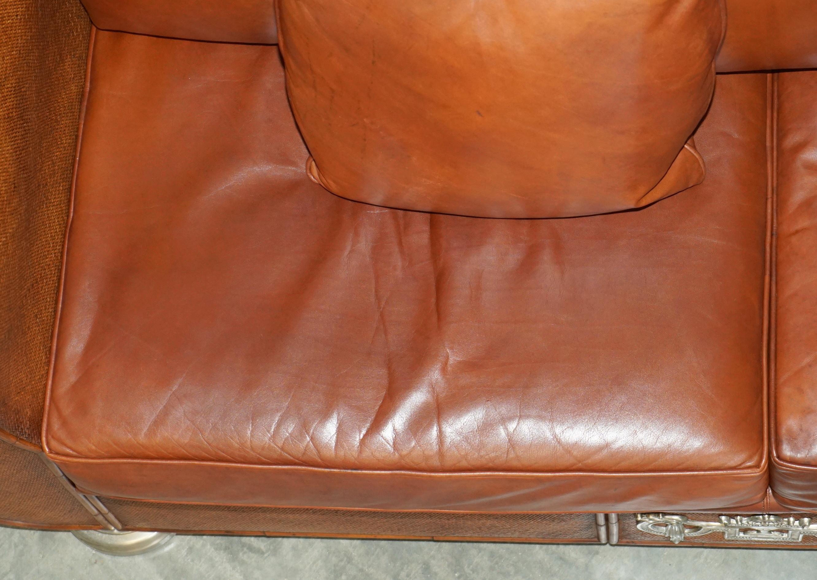 RARE PAIR OF THOMASVILLE SAFARI BROWN LEATHER WOVEN SOFAS PART OF LARGE SUITe For Sale 3