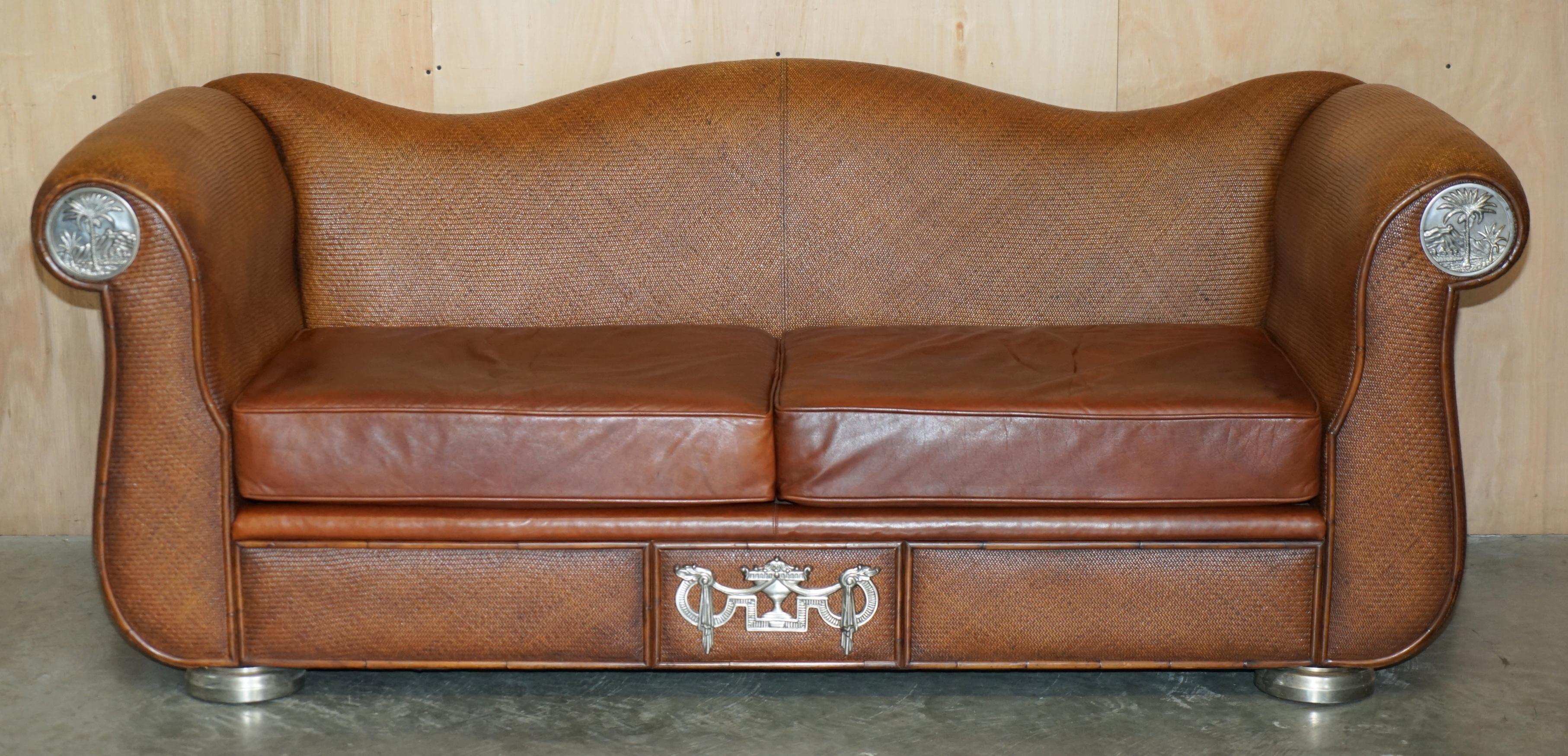 RARE PAIR OF THOMASVILLE SAFARI BROWN LEATHER WOVEN SOFAS PART OF LARGE SUITe For Sale 4