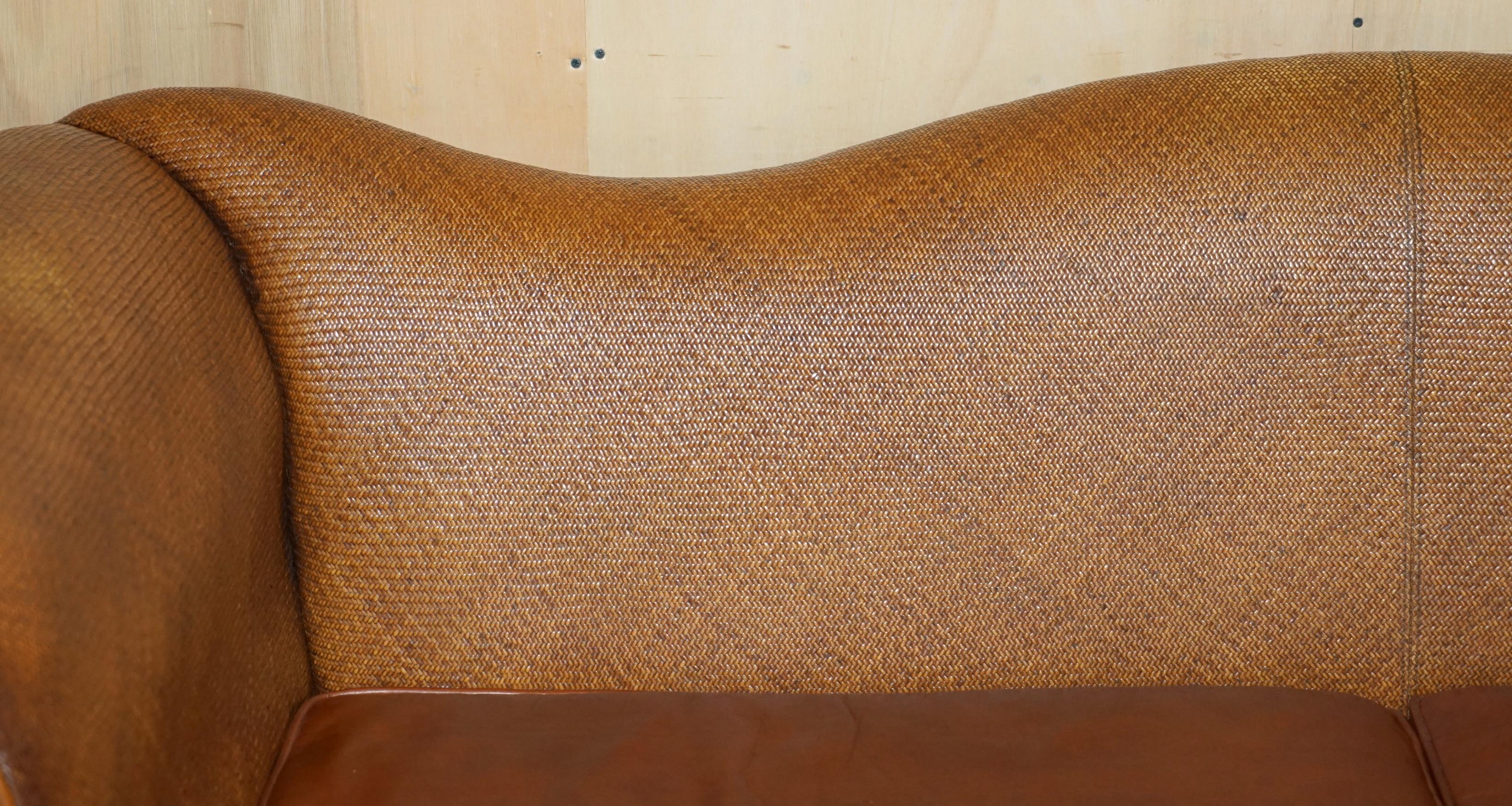 RARE PAIR OF THOMASVILLE SAFARI BROWN LEATHER WOVEN SOFAS PART OF LARGE SUITe For Sale 5